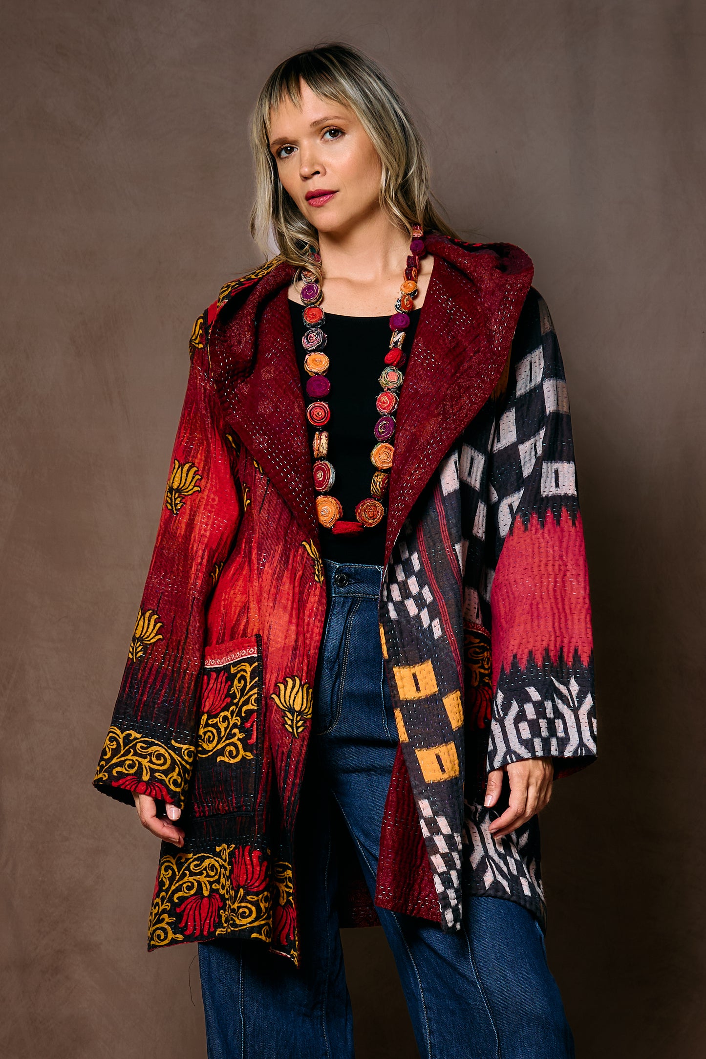 VINTAGE COTTON KANTHA HOODED POCKET COAT - cv4303-0002a -