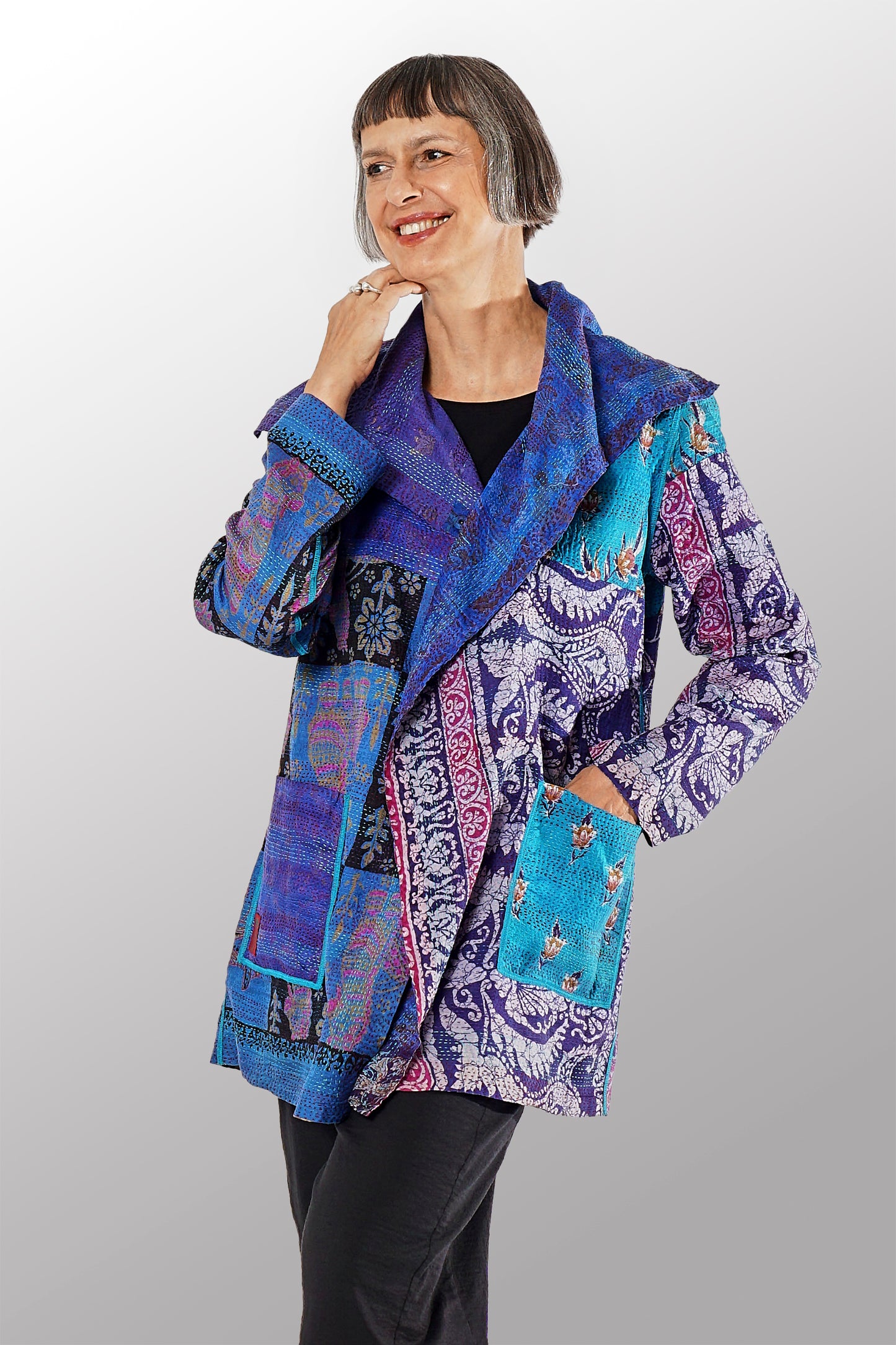 VINTAGE SILK KANTHA POCKET JKT - sv2002-0067a -