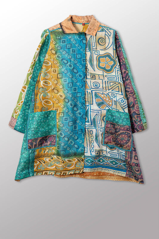 VINTAGE SILK KANTHA A-LINE DUSTER - sv2311-0015a -