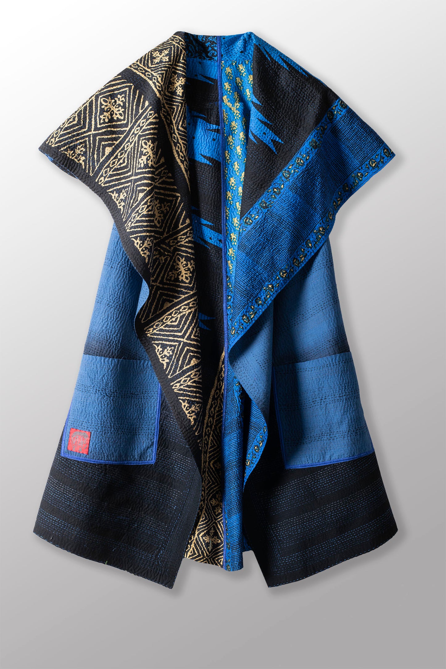SILK COTTON OMBRE PRINT KANTHA CIRCULAR VEST - os2201-blu -