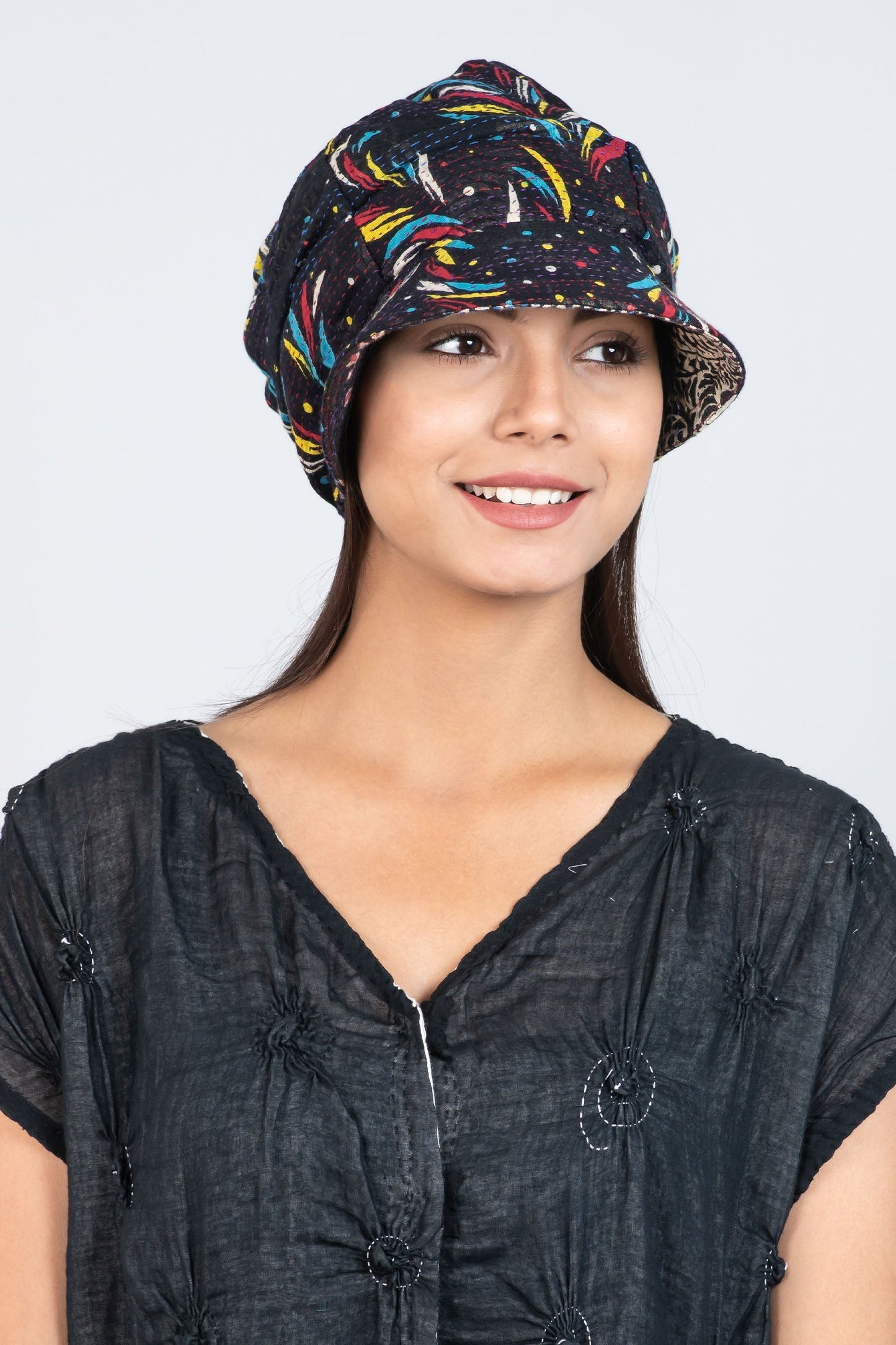 PATCHED & LEAVES KANTHA HALF BRIM HAT - pl2881-blk -