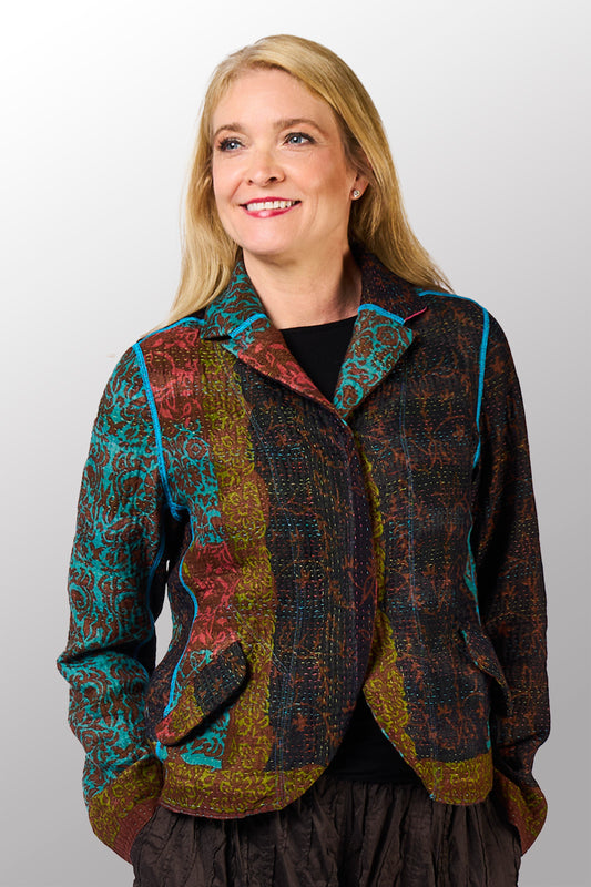 BAGH PRINT KANTHA CROPPED BASIC JACKET - bg4096-brn -