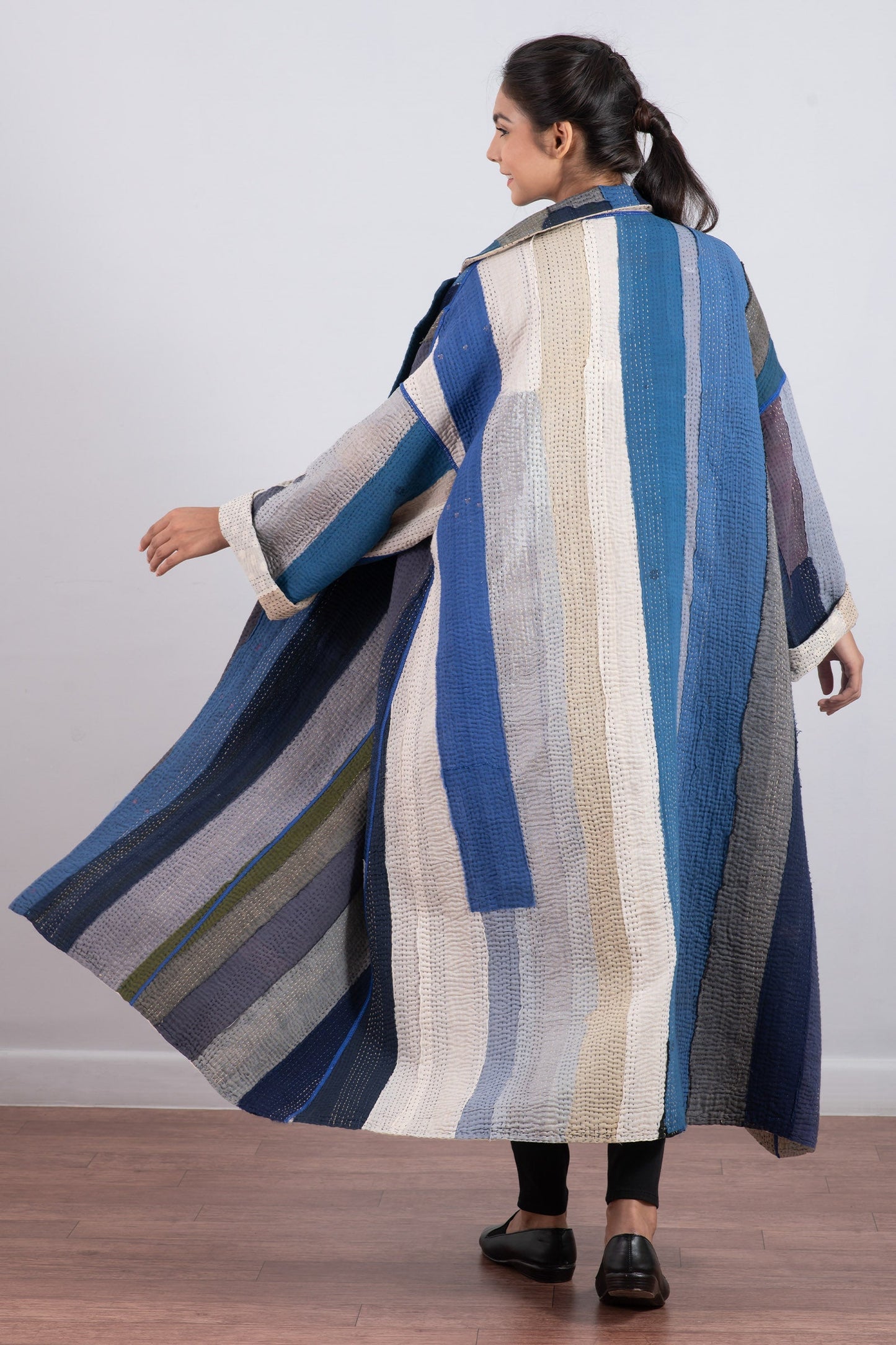 COTTON STRIPE PATCH KANTHA OVERSIZED COAT - cs4326-blu -