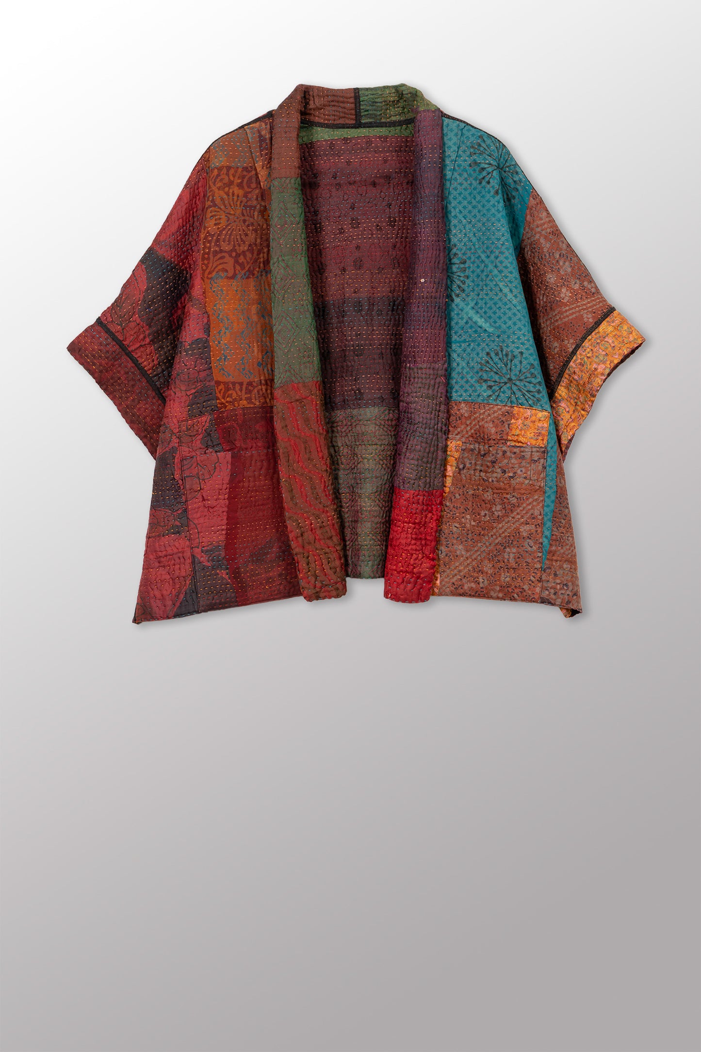 JACQUARD SILK KANTHA MINI PONCHO - js4060-cbrn001a -