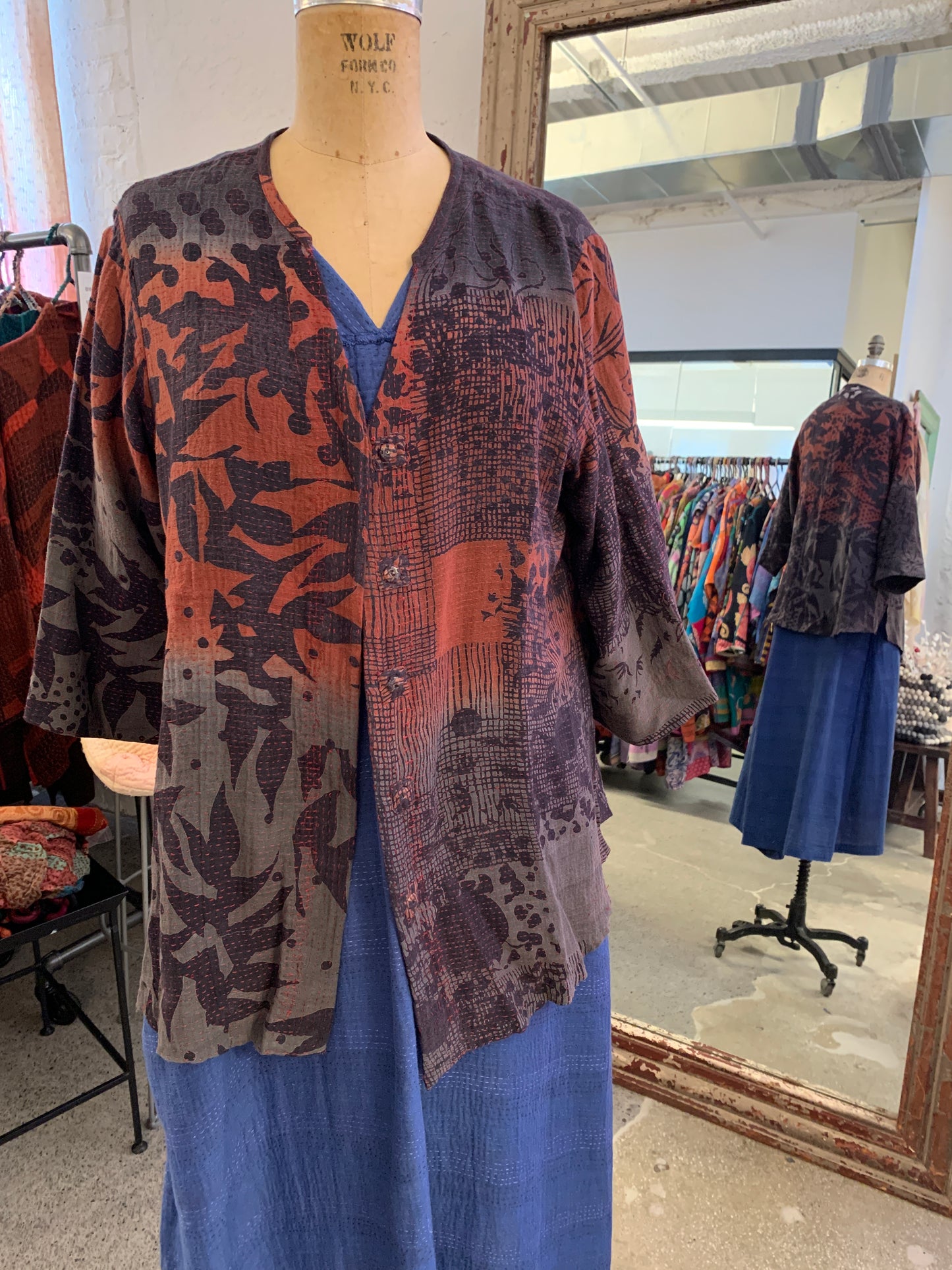 MONOTONE TWILIGHT PRINT KANTHA KURTA TOP - tp2586-red -