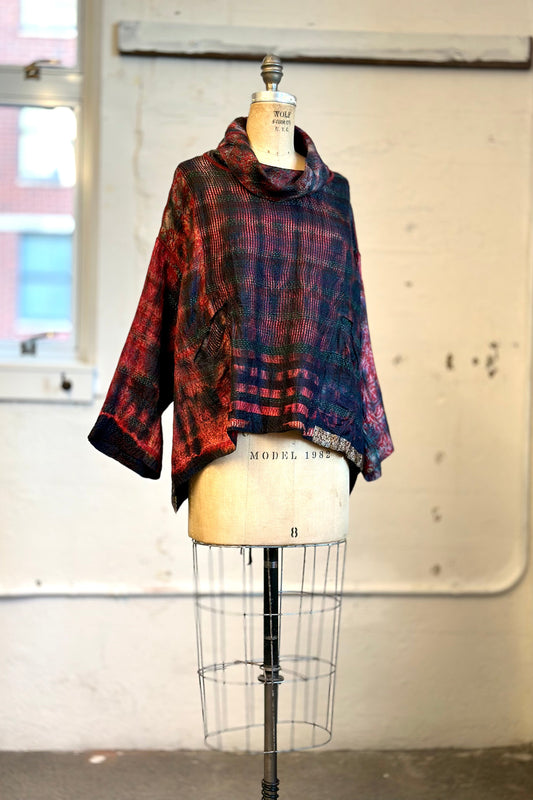TIE DYE VINTAGE SILK KANTHA COWL PULLOVER - st-sv2547-mrn -