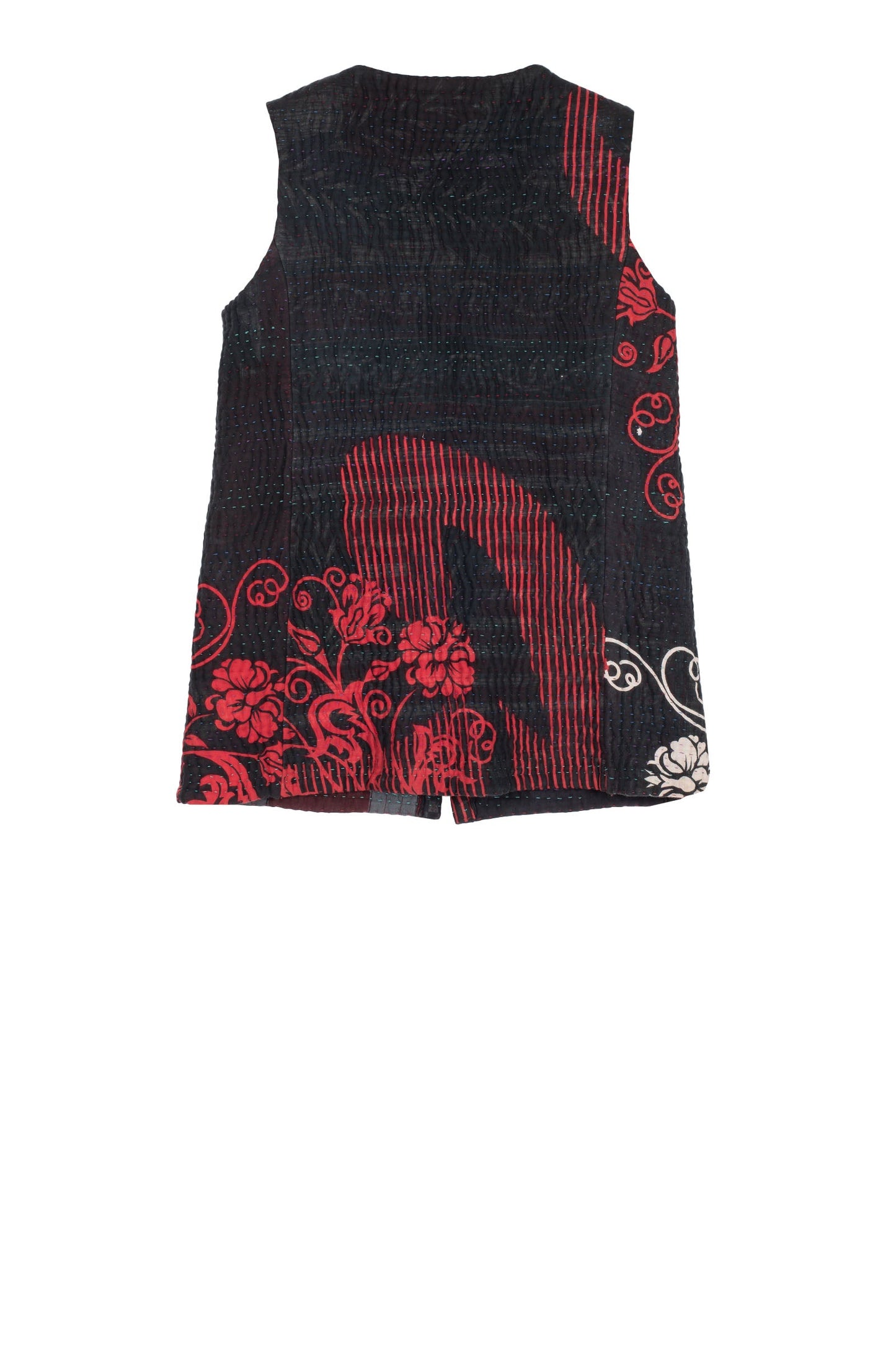 QUILTED VINTAGE COTTON KANTHA CREW NECK FITTED VEST MEDIUM