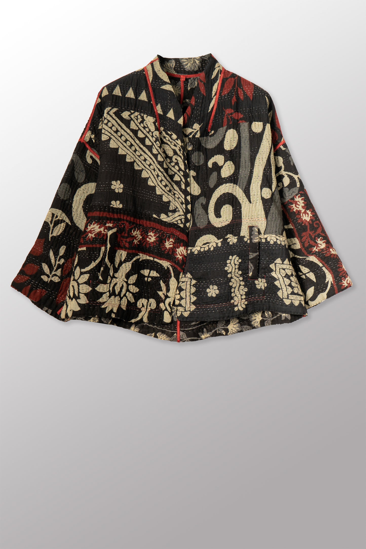 BLACK AND WHITE PRINT PATCH KANTHA STAND COLLAR CROPPED JACKET - pn4034-red -