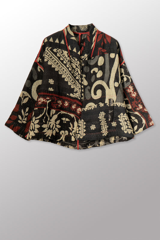 BLACK AND WHITE PRINT PATCH KANTHA STAND COLLAR CROPPED JACKET - pn4034-red -