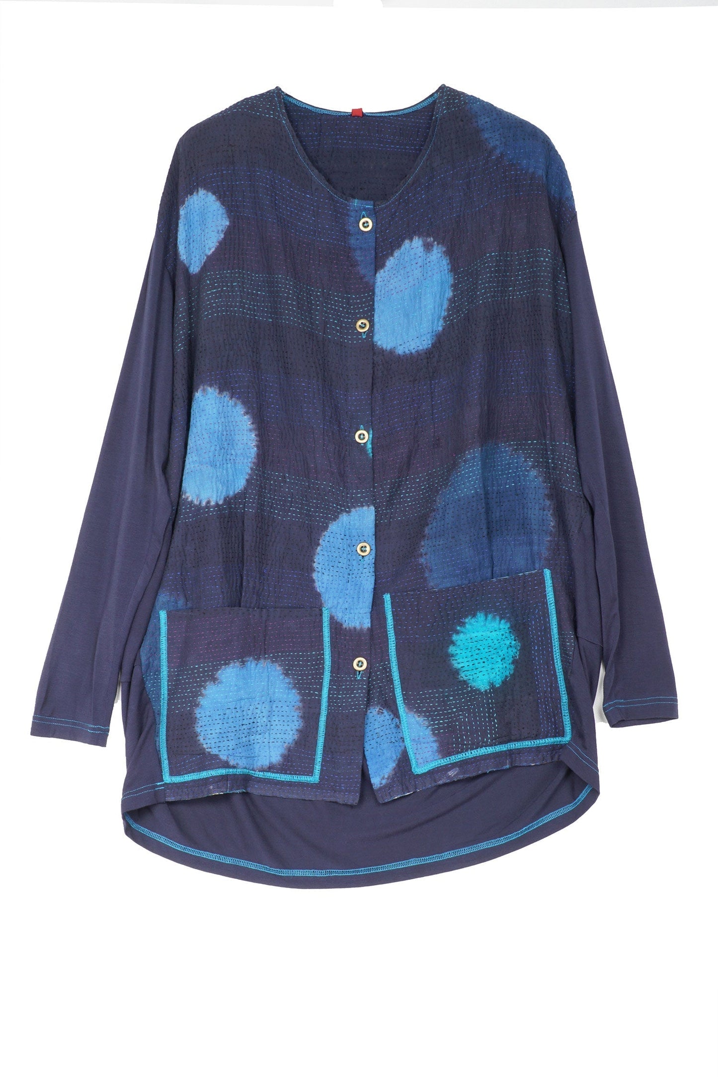 PATCH & CIRCLE PRINT KANTHA AND KNIT LONG JKT - pc2028-blu -