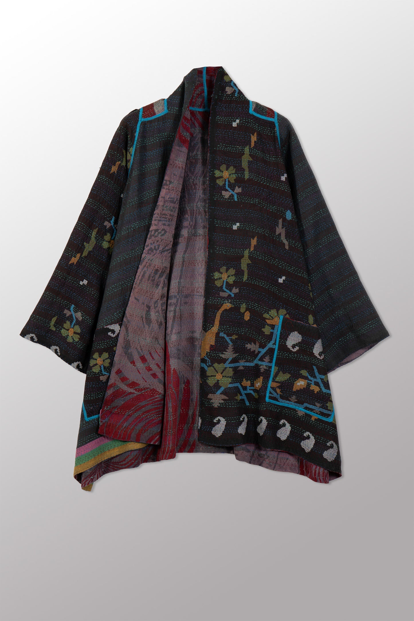 VINTAGE SILK GEORGETTE COTTON KANTHA A-LINE JKT - gc2003-0038a -