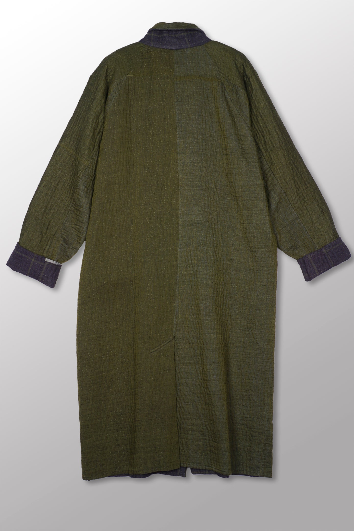 QUILTED VINTAGE COTTON WITH FLANNEL KANTHA RAGLAN SLEEVE COAT - fq5337-grn -