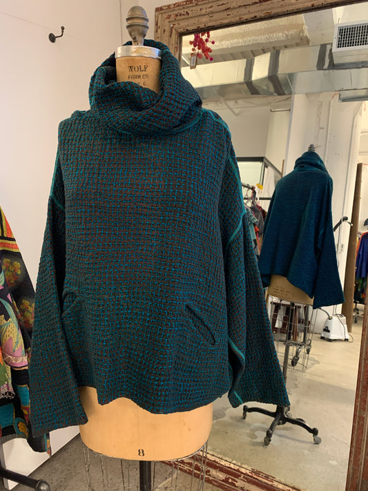 WOOL WAFFLE KANTHA NEW COWL NECK PONCHO - ww3083-tel -