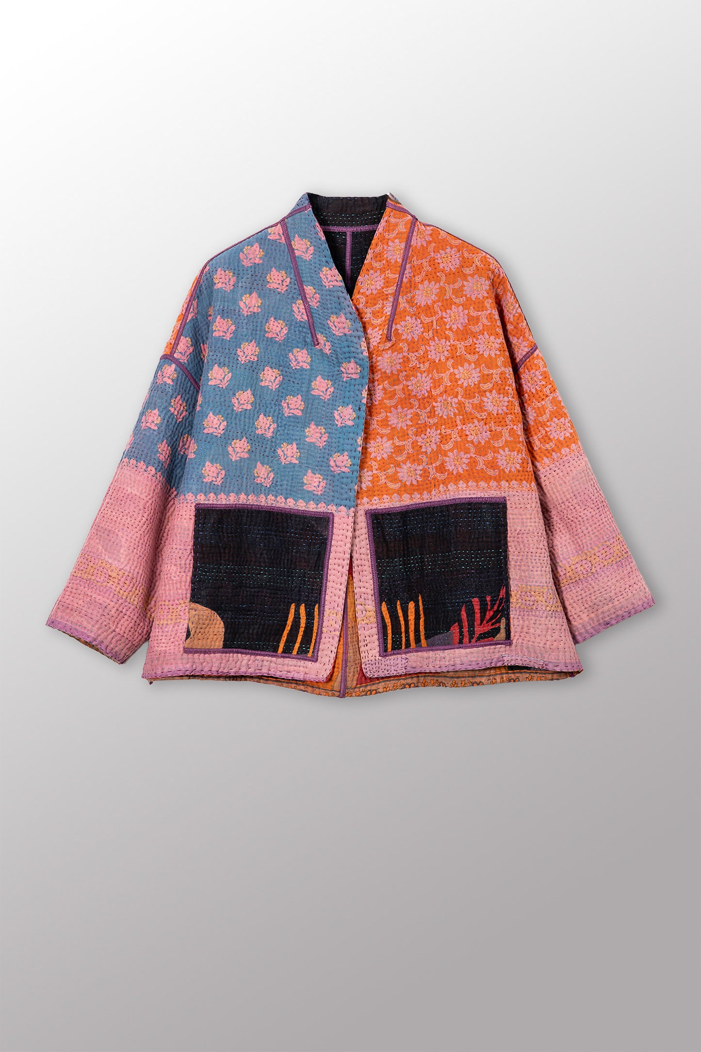 VINTAGE COTTON KANTHA STAND COLLAR CROPPED JKT - cv4034-0161a -