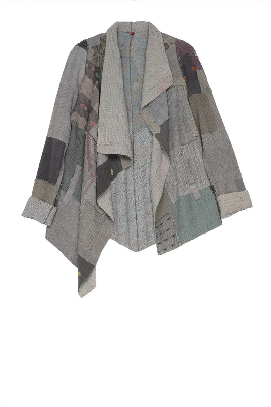 FRAYED PATCH KANTHA DRAPE COLLAR JKT - fi4037-gry -