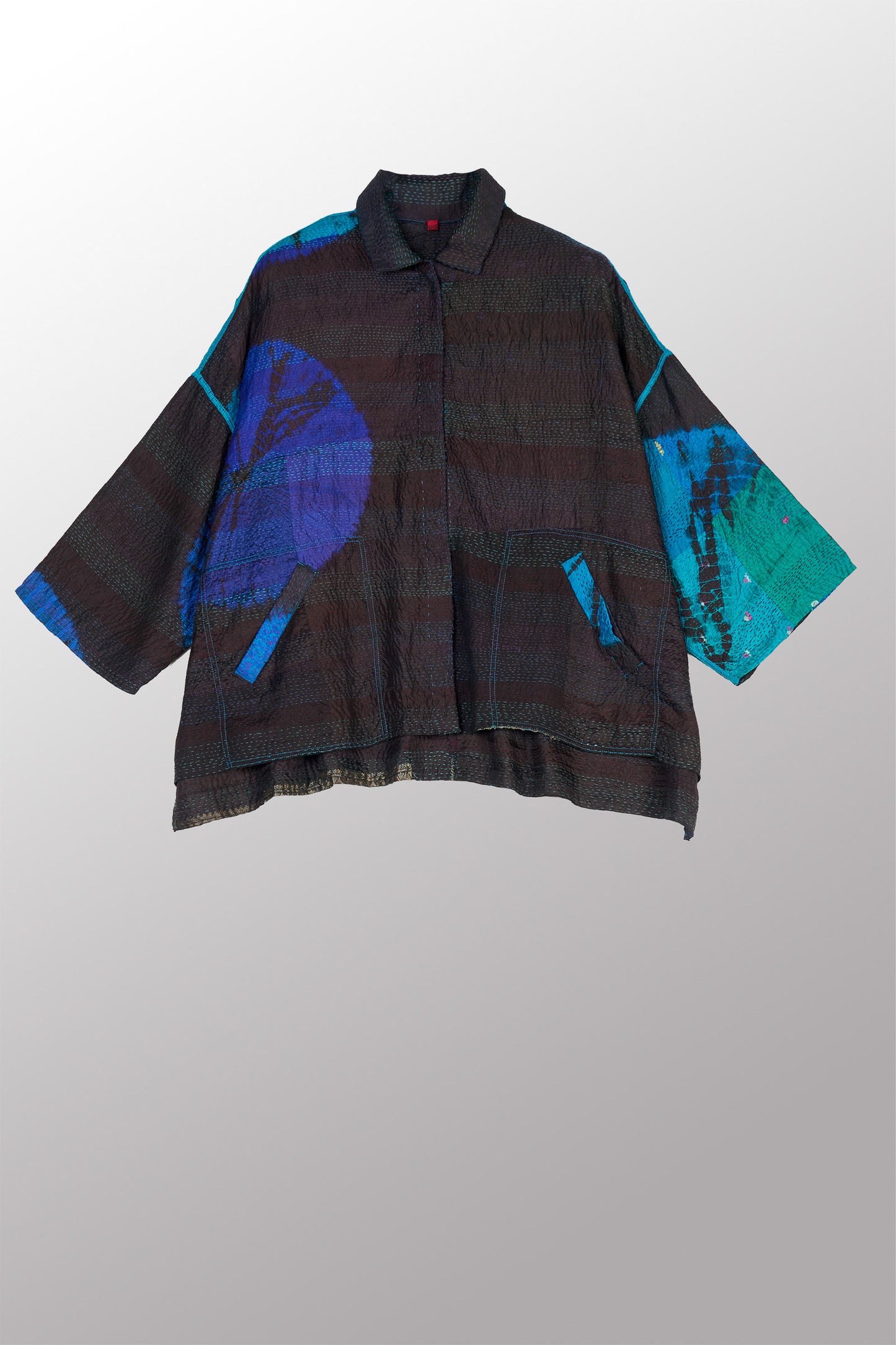 TIE DYE CIRCLE SHIBORI KANTHA CROPPED TENT SHIRT - td2596-blu -