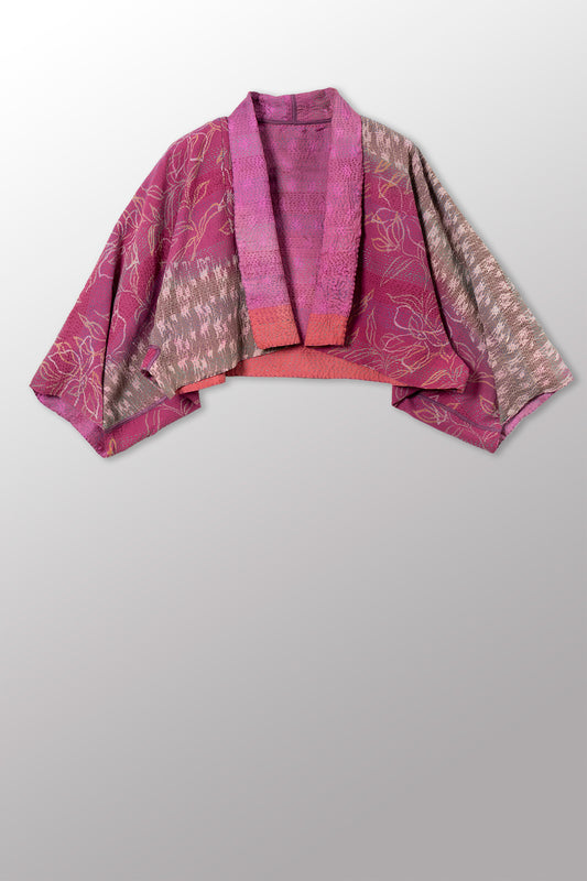 GEORGETTE JACQUARD VINTAGE SILK PATCH KANTHA PUFF SLV. SHRUG - gj2062-0004a -