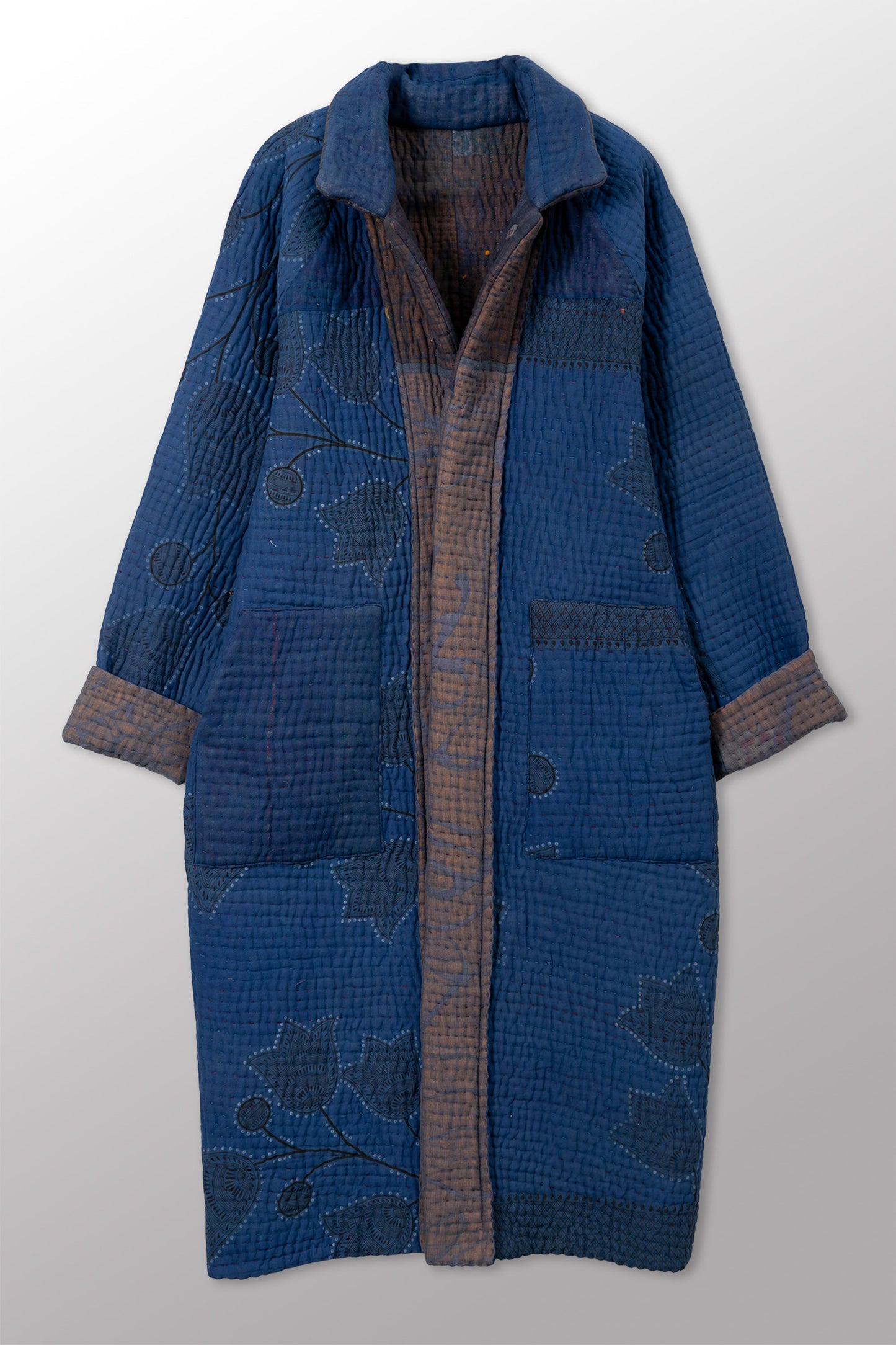 QUILTED OVERDYE COTTON KANTHA RAGLAN SLEEVE COAT - oq5337-cblu003m -