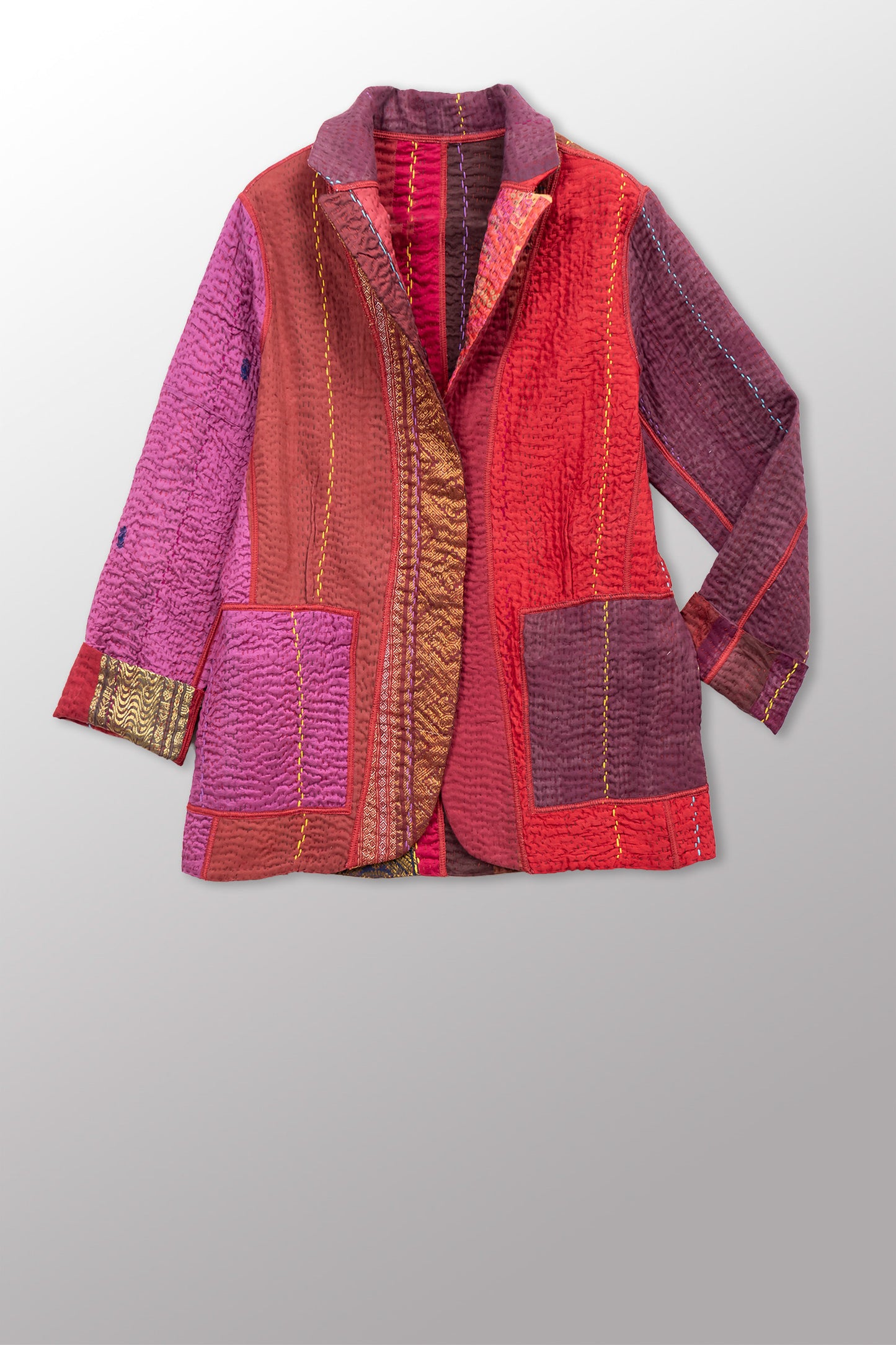 JEWEL WOVEN WITH VERTICAL PATCH KANTHA BASIC JACKET - jv4052-red -