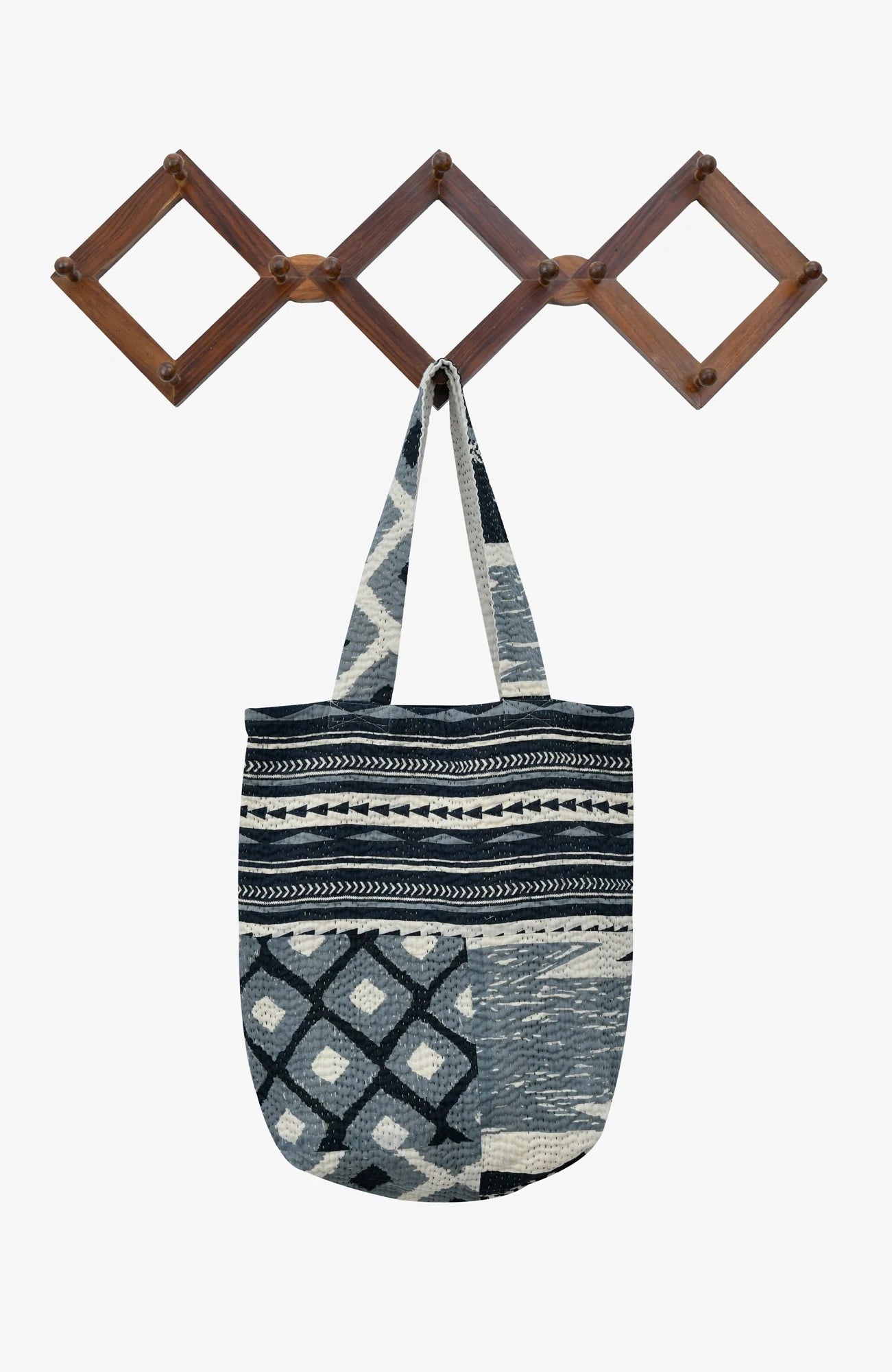 Monotone Ikat Handmade Vintage Kantha Tote Bag - Monotone Black