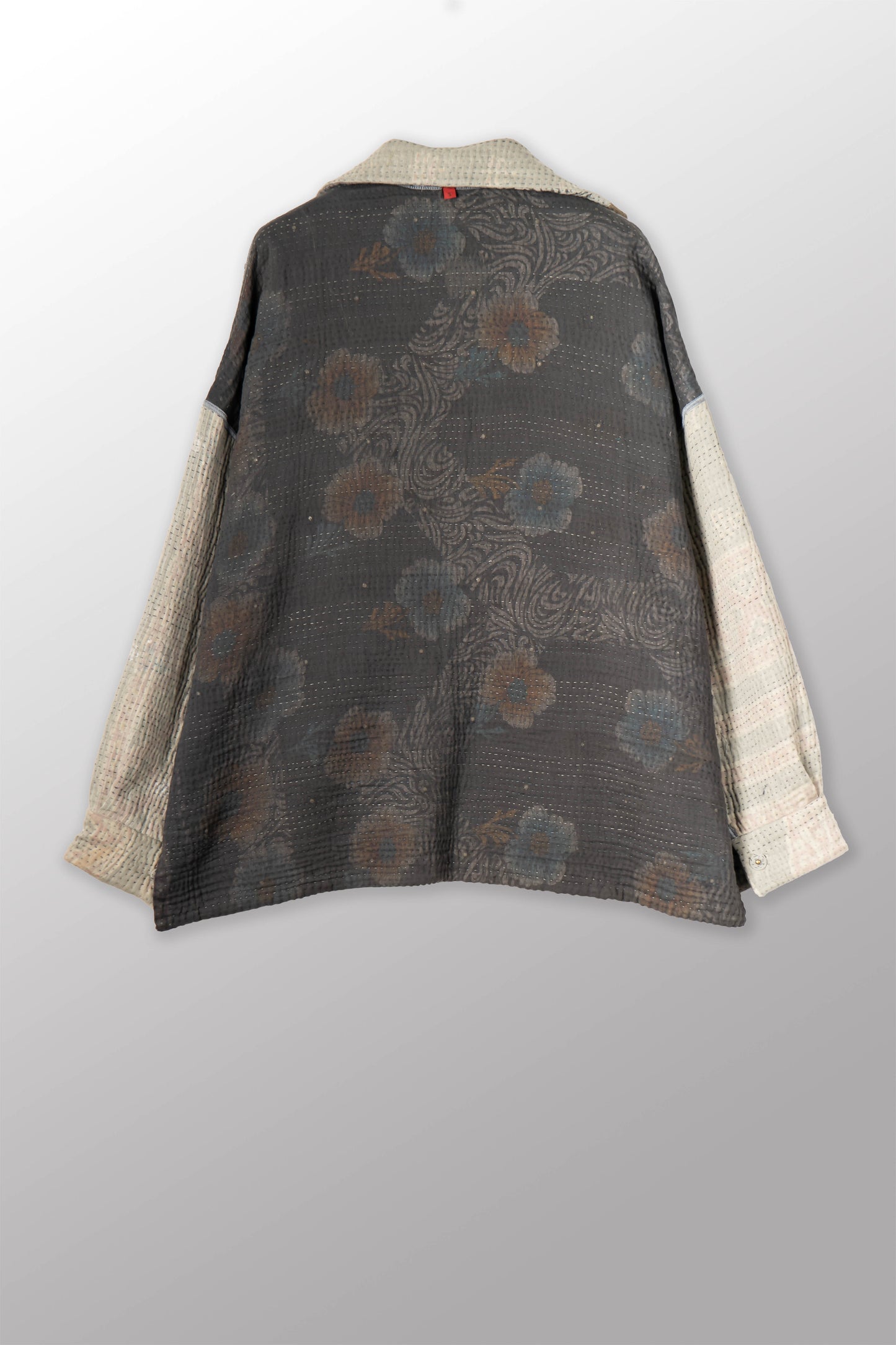 FRAYED PATCH KANTHA WITH STAMP OVERSIZED MINI COAT - sp-fi4332-gry -