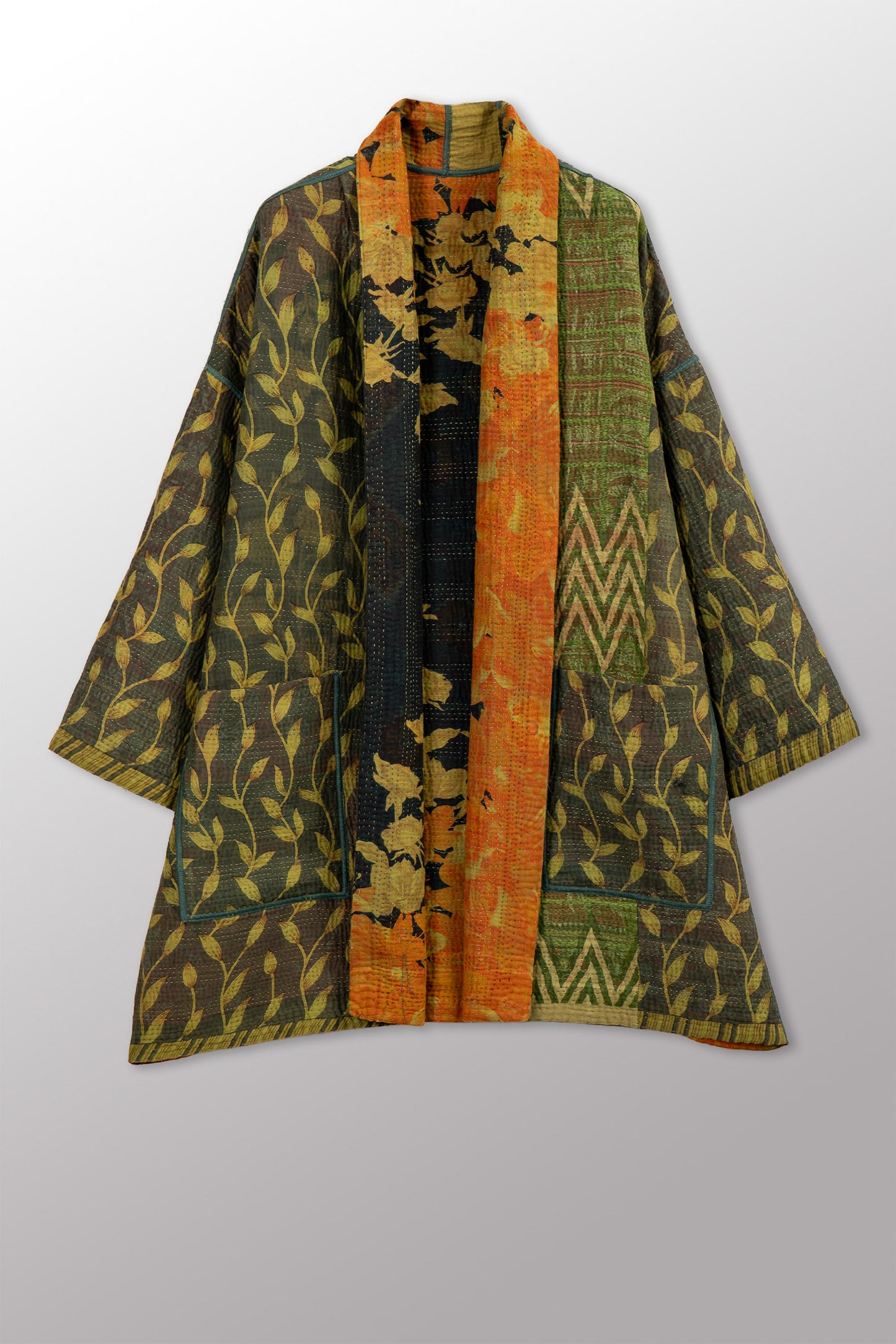 COTTON OVERDYE KANTHA HAORI JACKET - ov4068-cgrn003a -