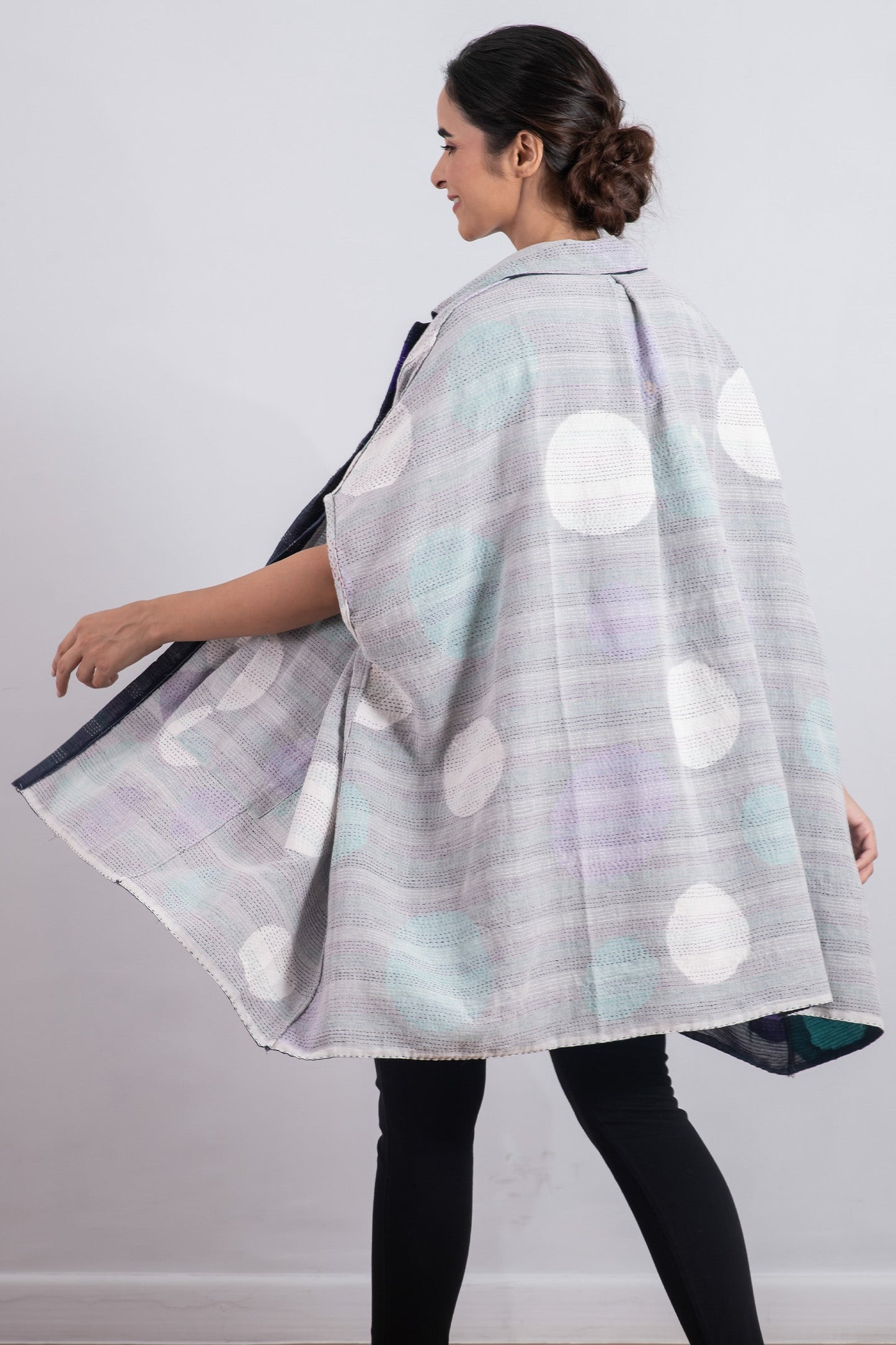 CUT OUT KANTHA SHIRT PONCHO - ck2545-blu -