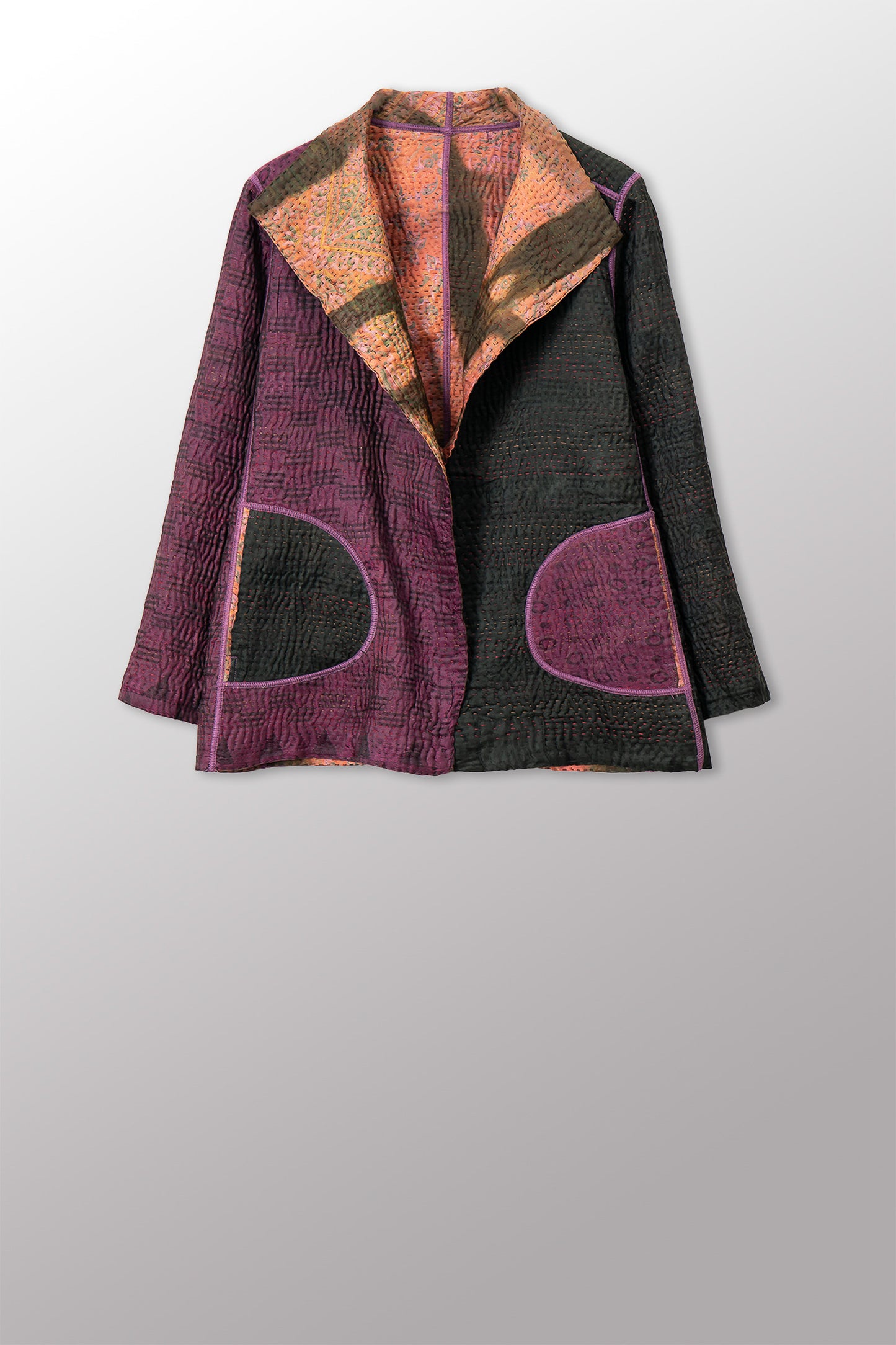 VINTAGE PRINTED SILK CLAMP DYE WITH JACQUARD KANTHA SHORT JACKET - sk4007-0001m -