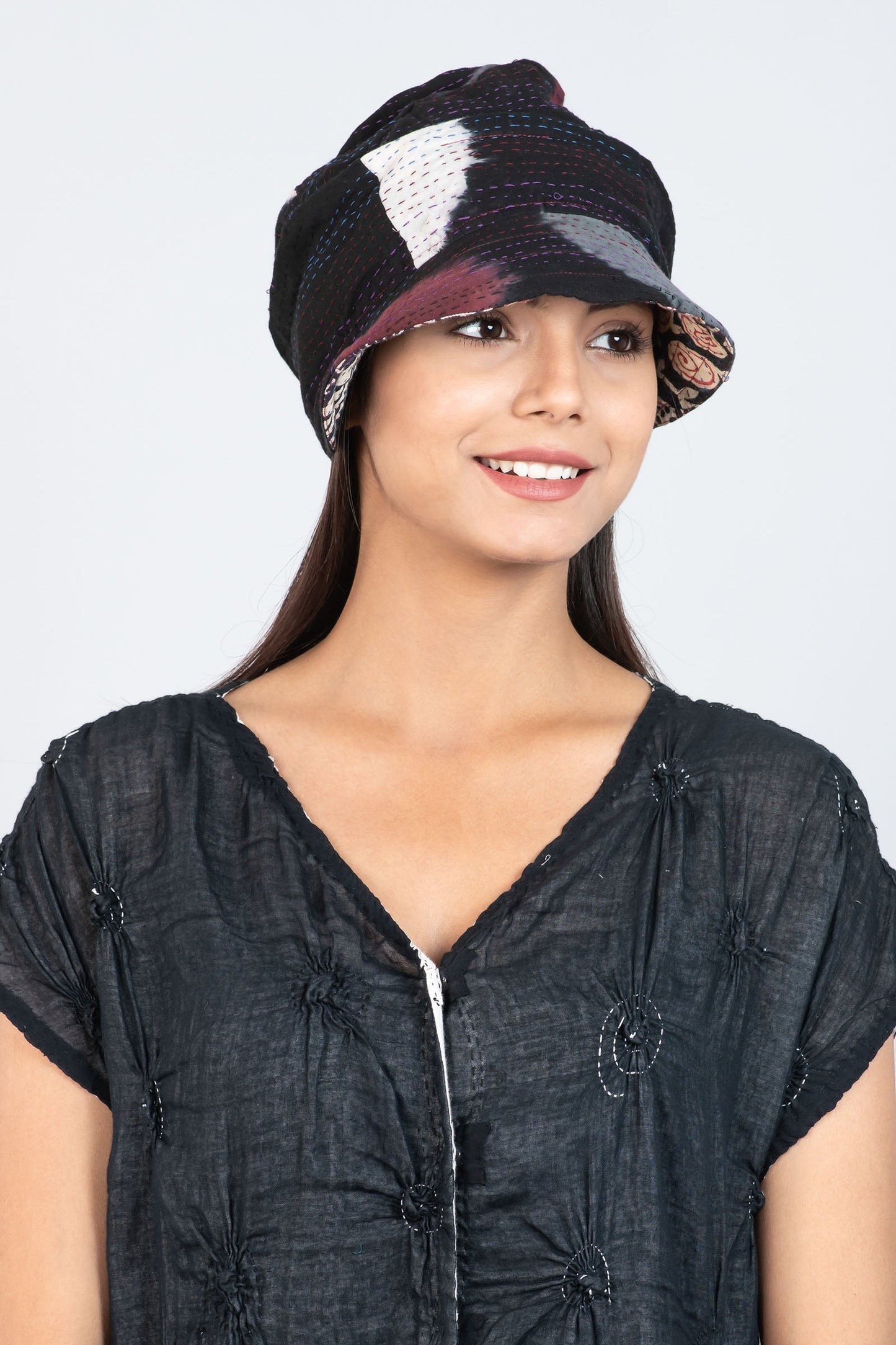 PATCH & CIRCLE PRINT KANTHA HALF BRIM HAT - pc2881-blk -