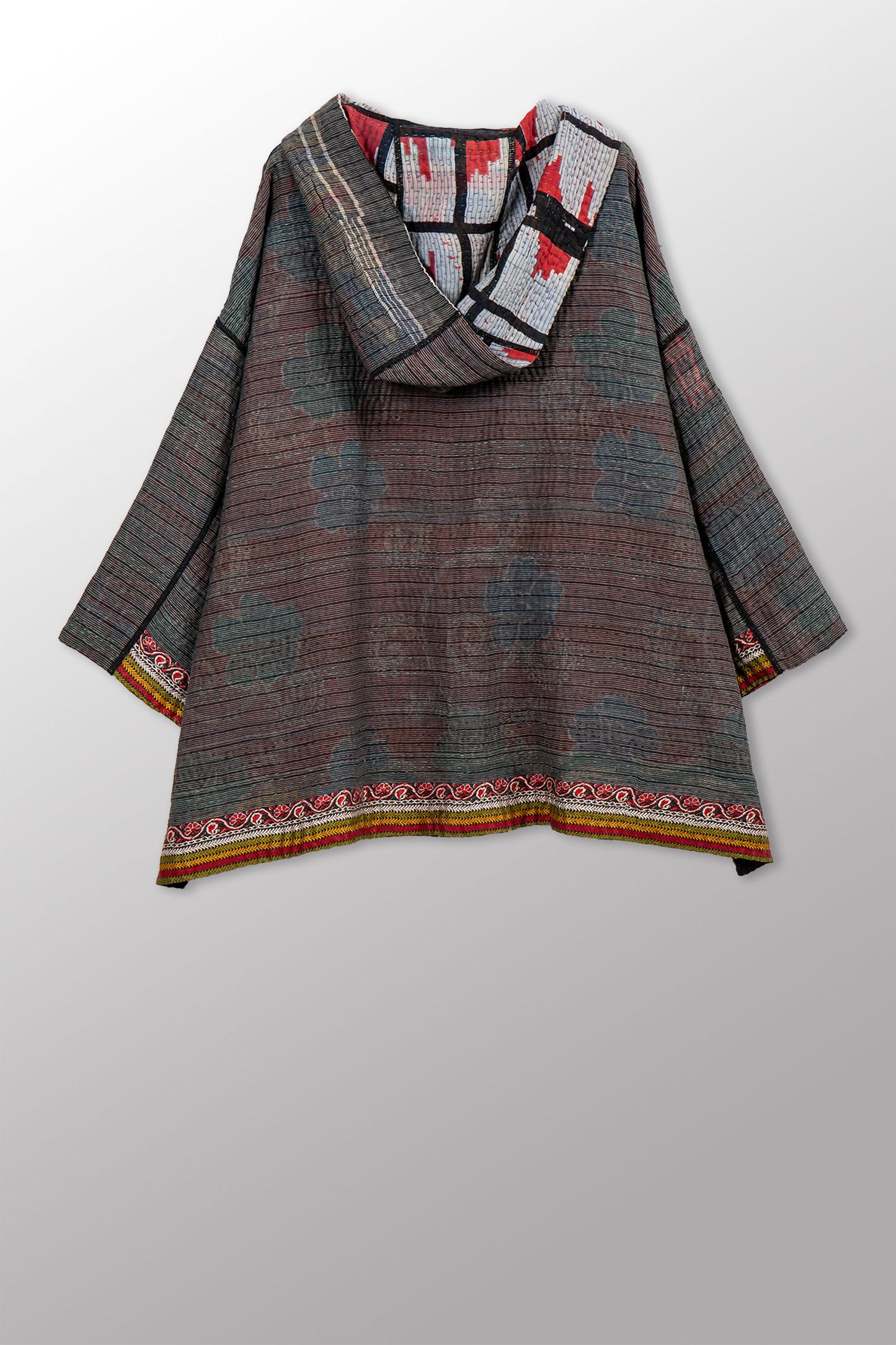 VINTAGE COTTON KANTHA HOODIE PONCHO - cv4064-0046a -