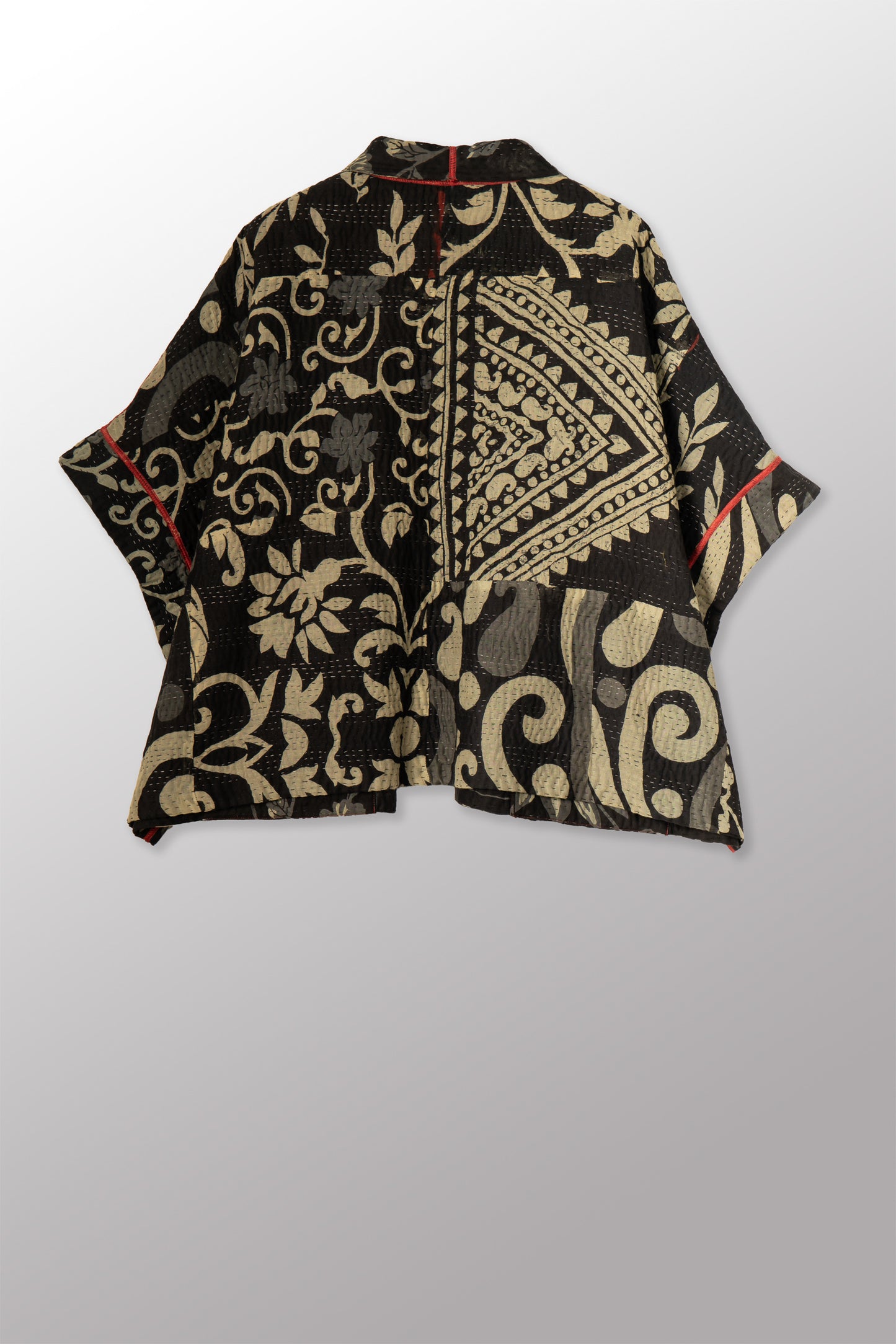 BLACK AND WHITE PRINT PATCH KANTHA MINI PONCHO - pn4060-red -