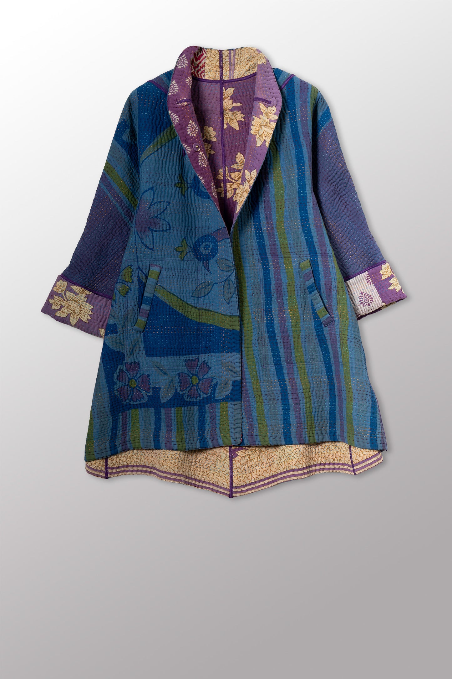 VINTAGE COTTON KANTHA FLARE LONG JACKET - cv4021-0057s -