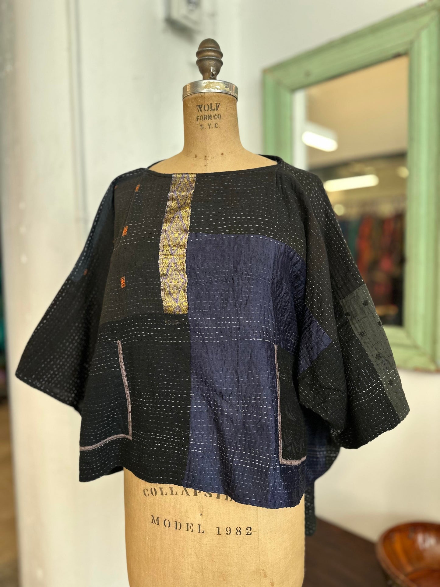 COTTON SILK SW PATCH KANTHA CROPPED BOAT NECK DOLMAN TOP - ws2t105-blk -