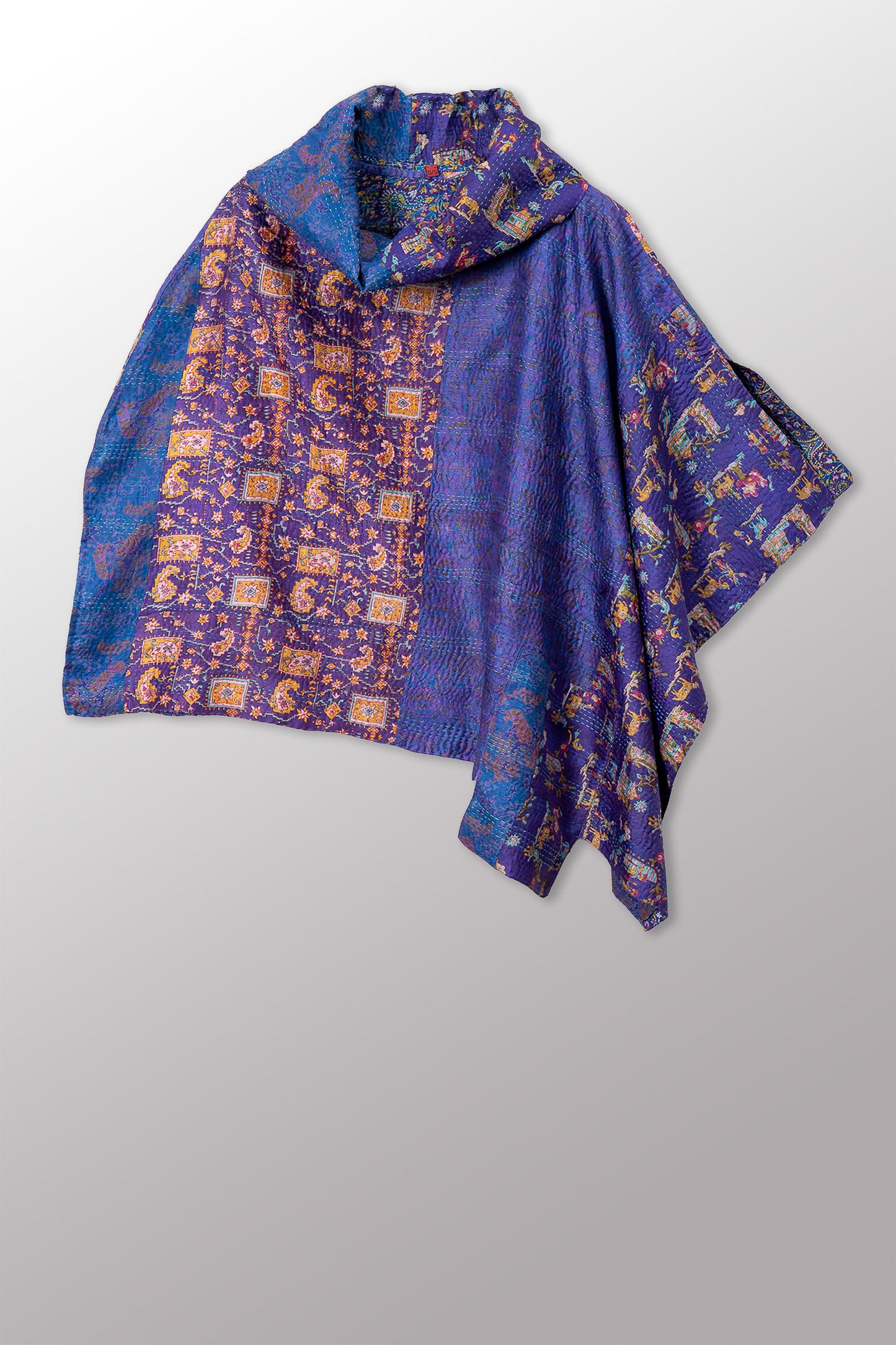VINTAGE SILK KANTHA COWL NECK LONG CAPE - sv2842-0003a -