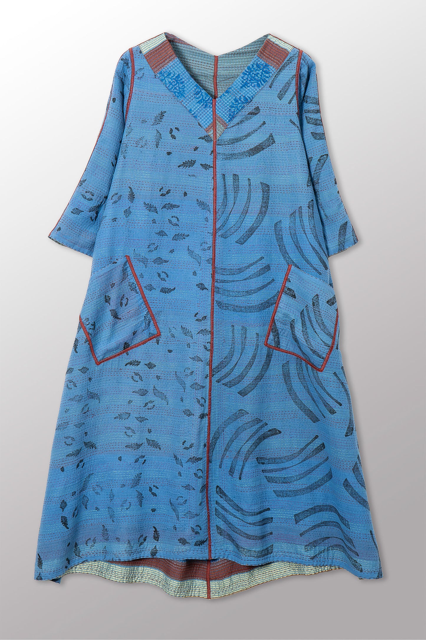 VINTAGE COTTON & NEW VOILE KANTHA V-NECK FLARE DRESS - cn2457-0001s -