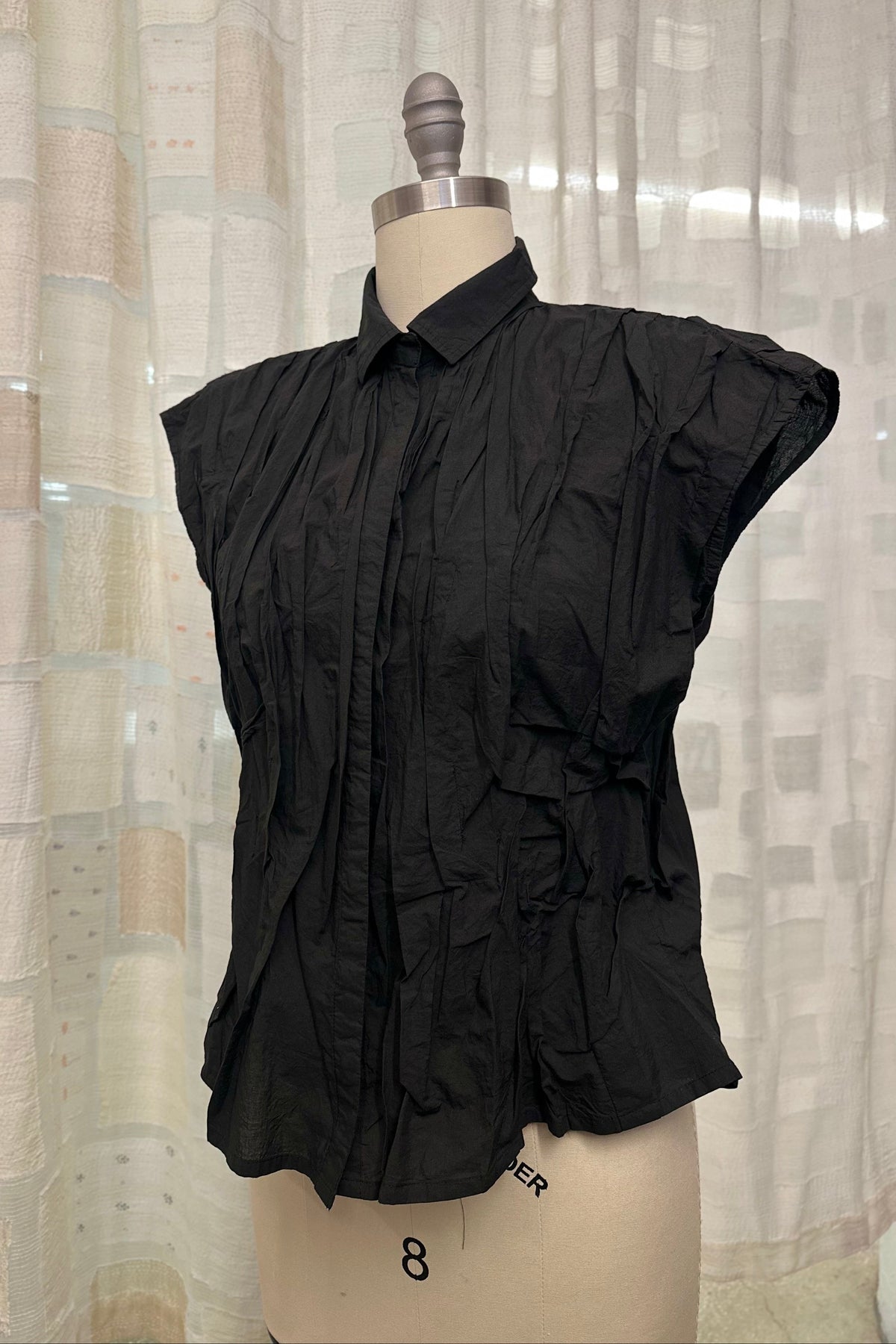 POLISHED COTTON WAVY FRENCH SLEEVE SHIRT - wl1569-blk -