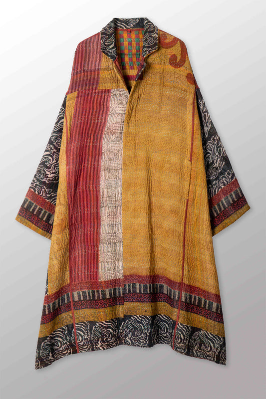 VINTAGE SILK GEORGETTE COTTON KANTHA NEW OVERSIZED COAT - gc4342-0002a -
