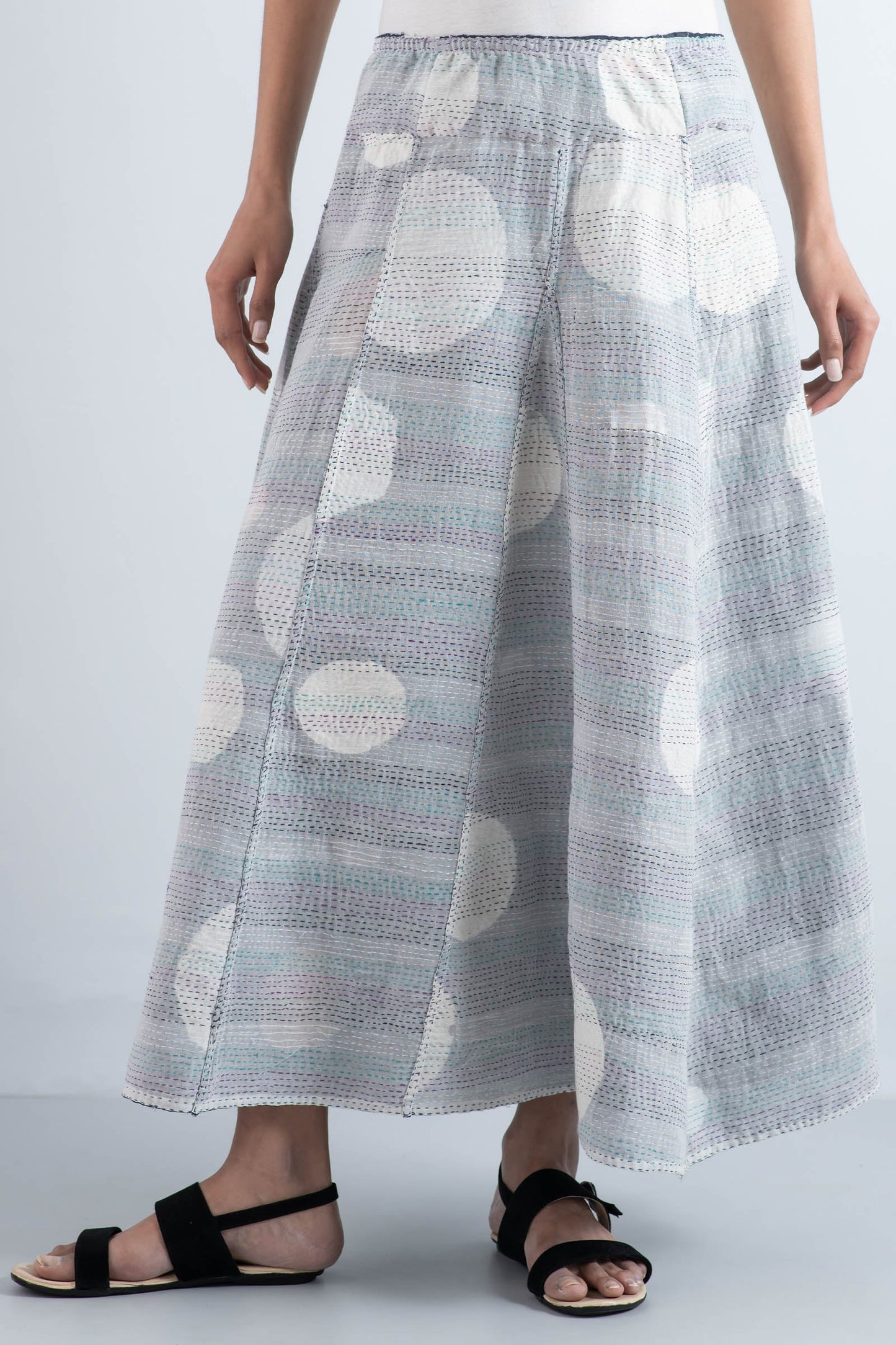 CUT THROUGH DOT AND HOLES KANTHA PANELED FLARE SKIRT - cd2630-blu -