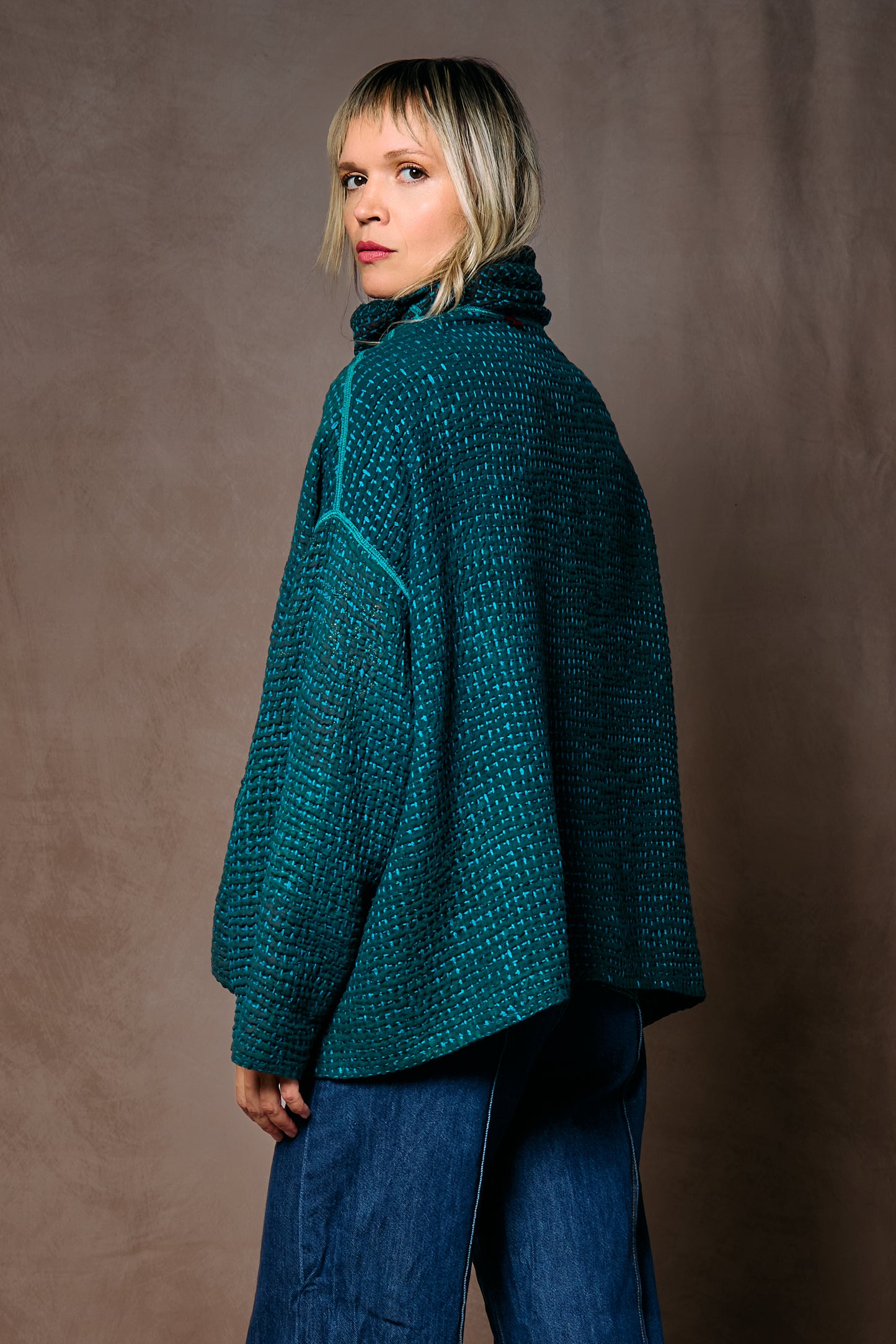 WOOL WAFFLE KANTHA NEW COWL NECK PONCHO - ww3083-tel -