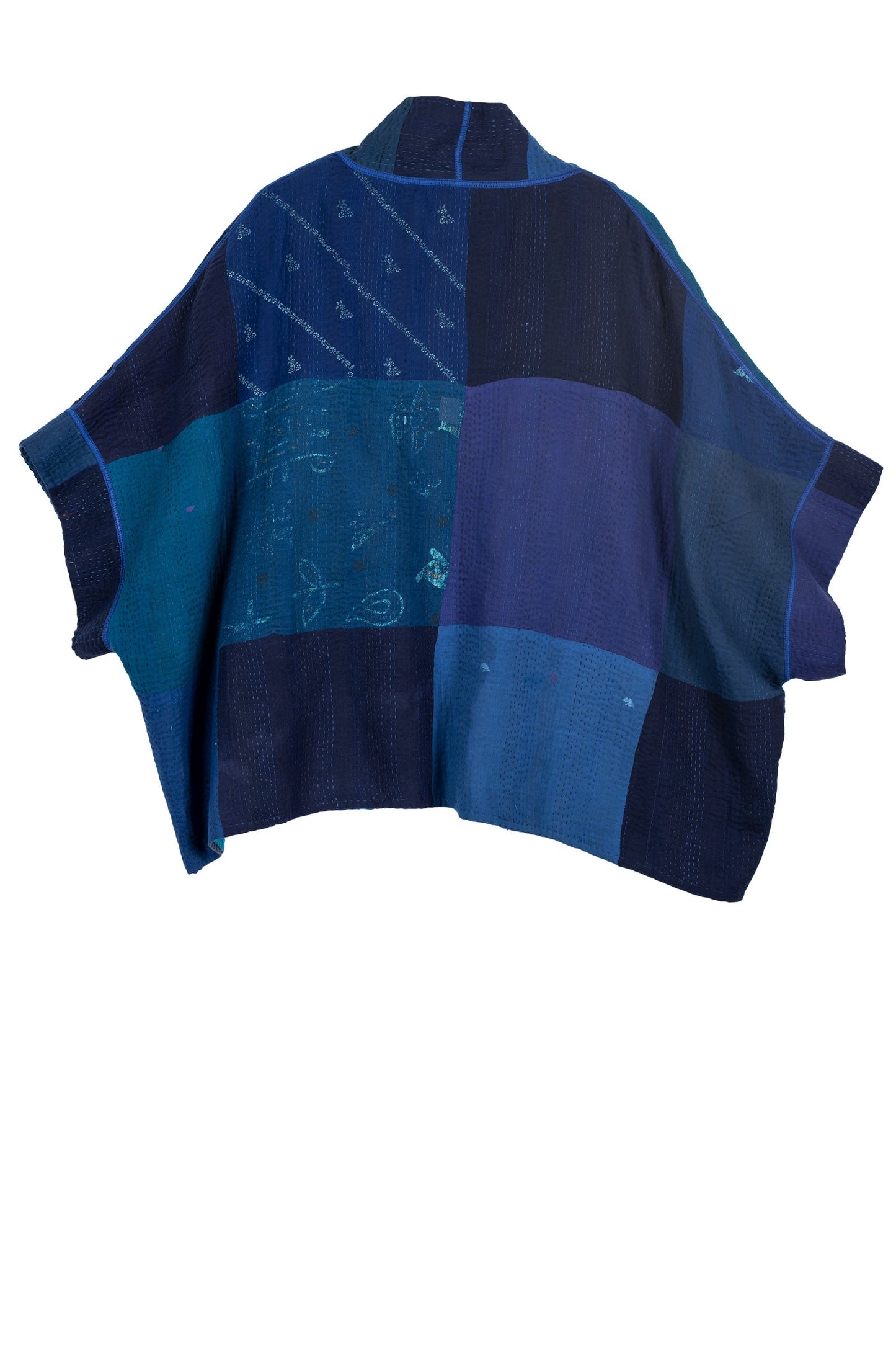 STRIPE AND CHECK COTTON SILK PATCH KANTHA MINI PONCHO - ss4060-blu -