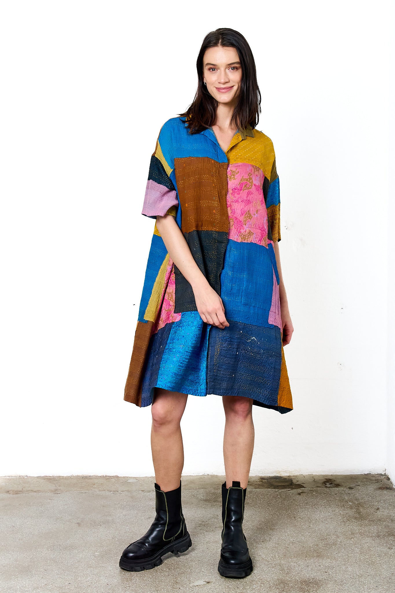 MOSAIC FRAY PATCH KANTHA HALF SLV. SHIRT DRESS - zb2429-mlt -