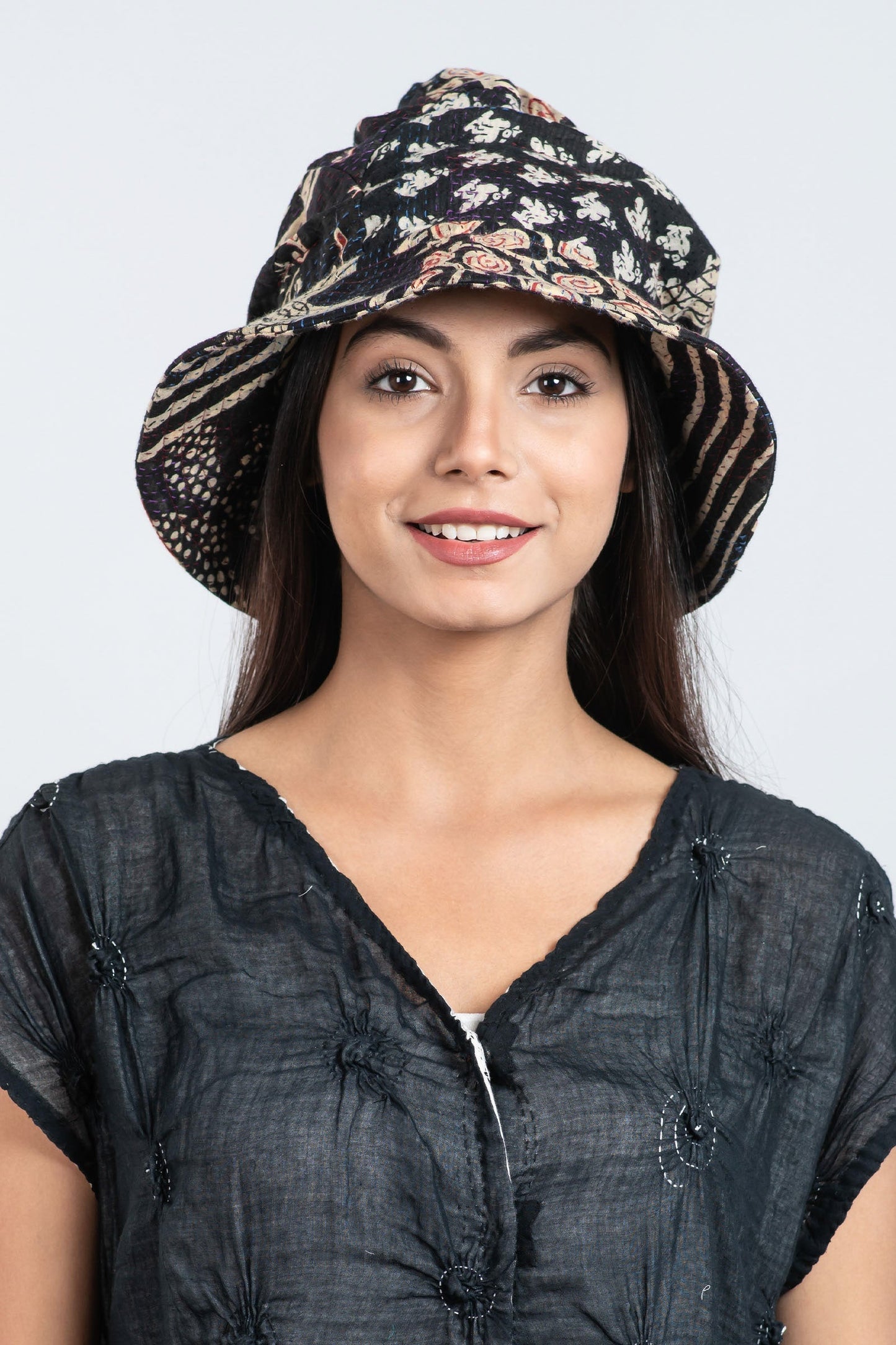 PATCHED PRINT KANTHA FULL BRIM HAT - pp2889-blk -