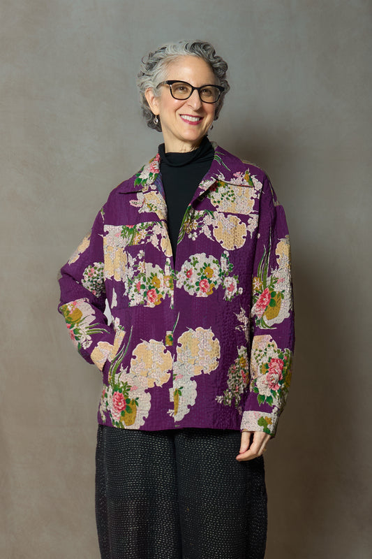 KIMONO WITH VINTAGE SILK KANTHA WORKERS JACKET - ks2085-0001s -
