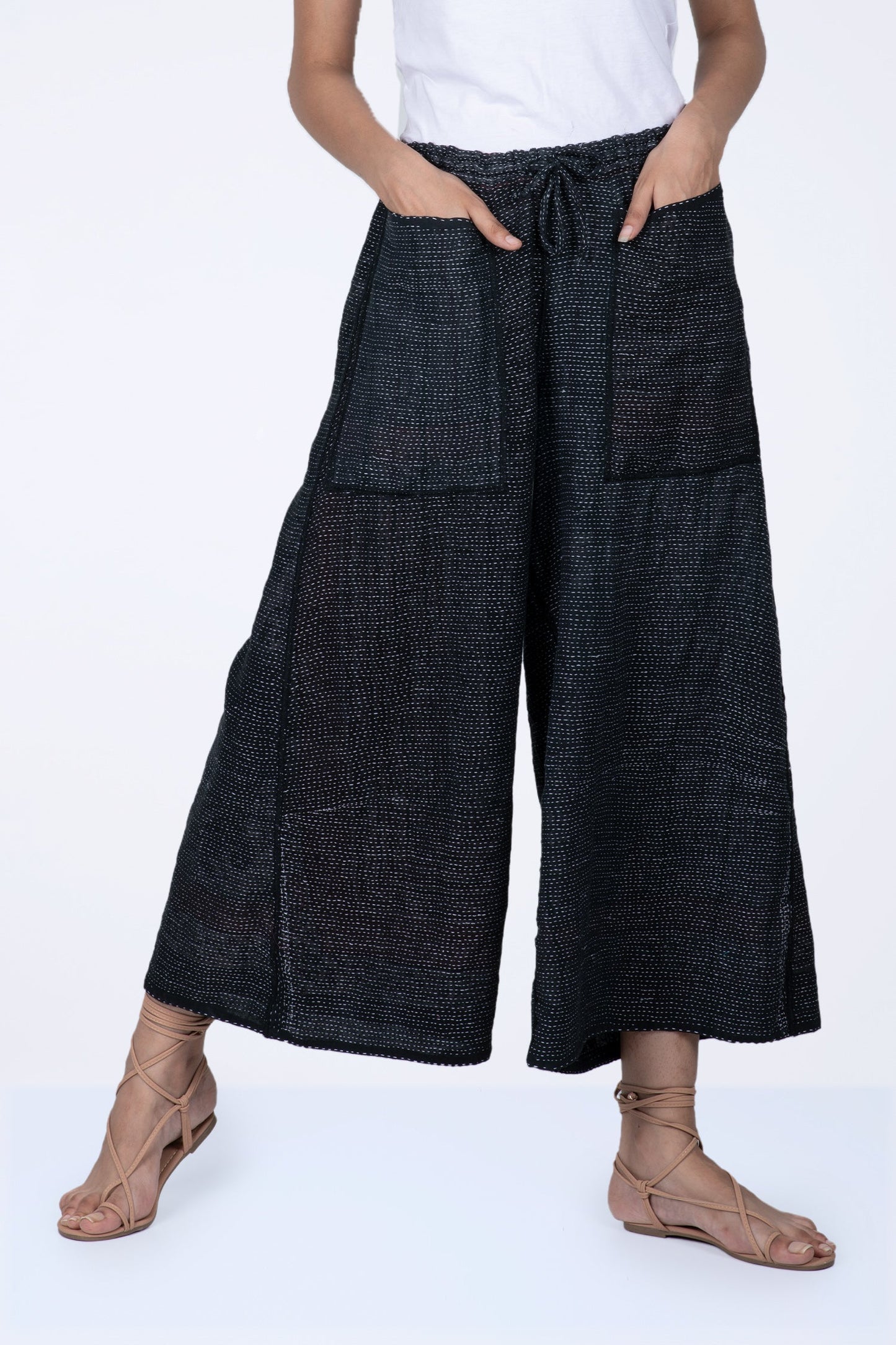 COTTON PAISLEY KANTHA DRAW STRING GAUCHO - cp2627-blk -