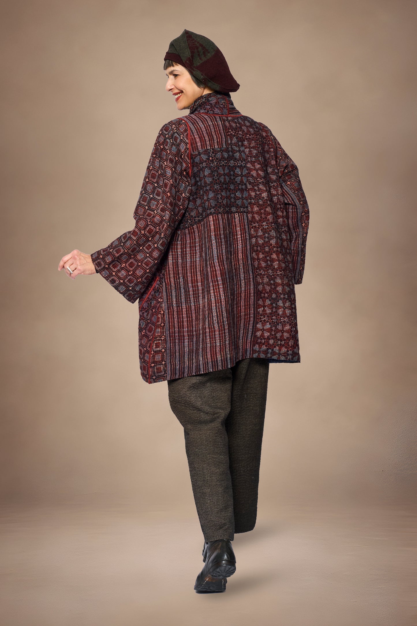 AJRAKH PRINT AND SILK COTTON PATCH KANTHA A-LINE JACKET - az4003-brn -