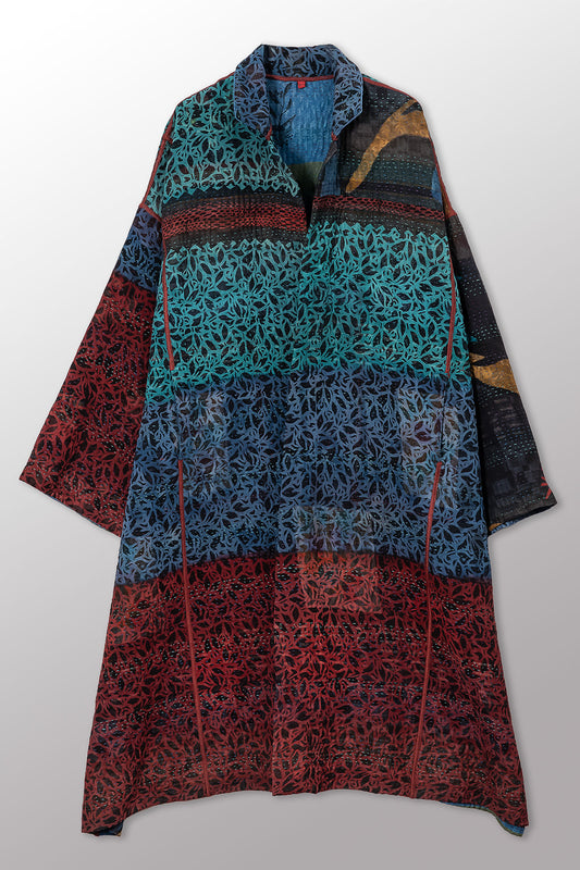 VINTAGE SILK GEORGETTE COTTON KANTHA NEW OVERSIZED COAT - gc4342-0003a -