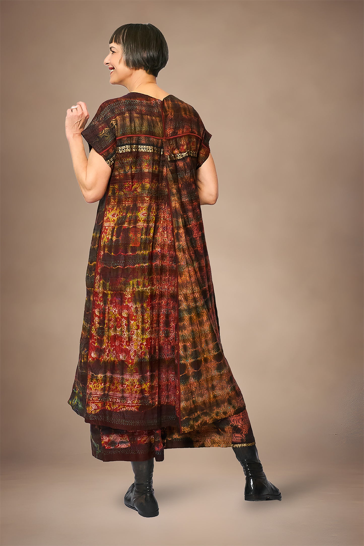 TIE DYE VINTAGE SILK KANTHA V-NECK FRENCH SLV. DRESS - st-sv2467-brn -