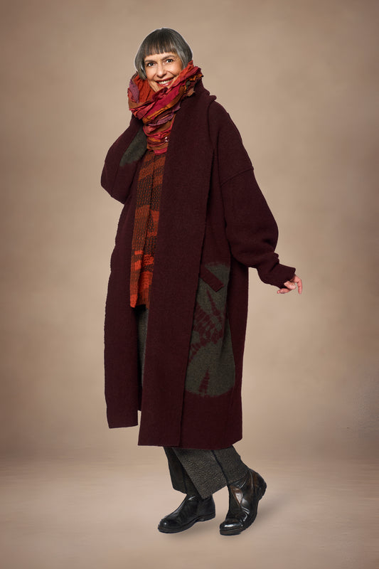 CIRCLE TIE DYE BOILED WOOL NEW SHAWL COAT LONG - tw1362-brn -