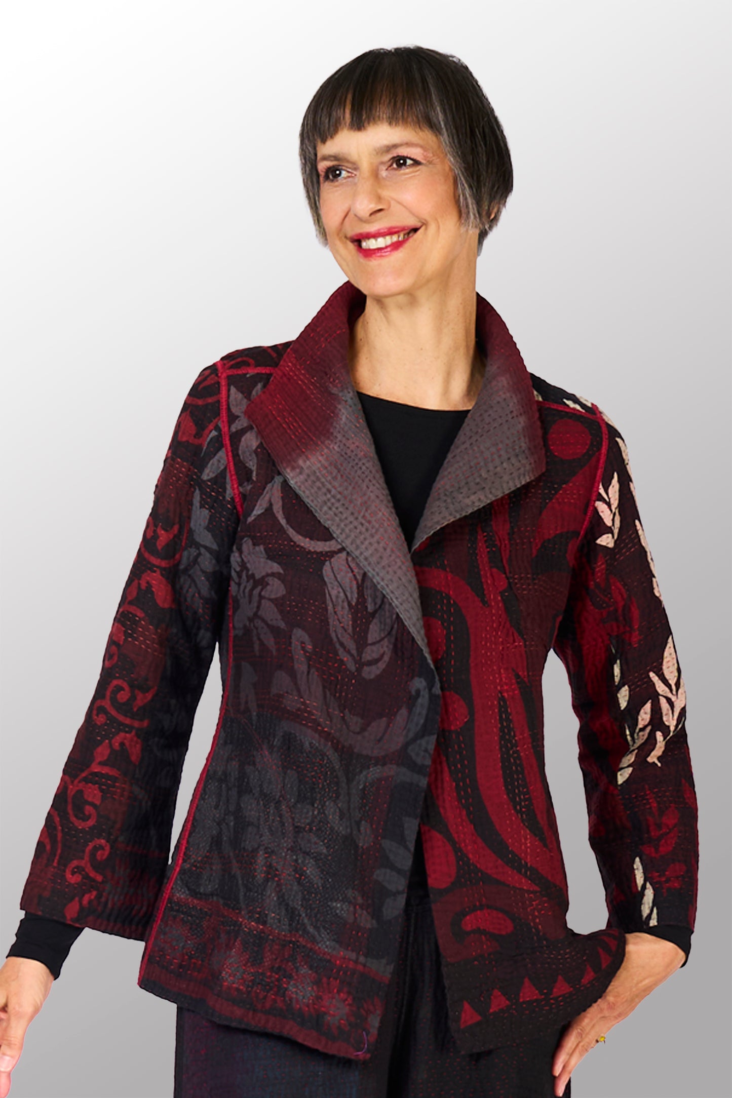 BIG PRINTED PATCH WITH OMBRE BACKING KANTHA SHORT JACKET - px4007-red -