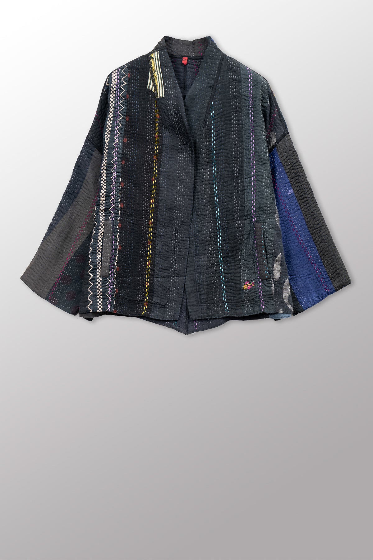 JEWEL WOVEN WITH VERTICAL PATCH KANTHA STAND COLLAR CROPPED JACKET - jv4034-blk -